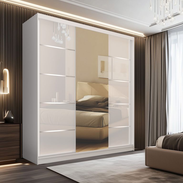 Dressing 200 cm Belini alb mat/alb lucios cu usi glisante cu oglinda si sertare MTG SERENITY SZP5/0/W/W/0/HIAL
