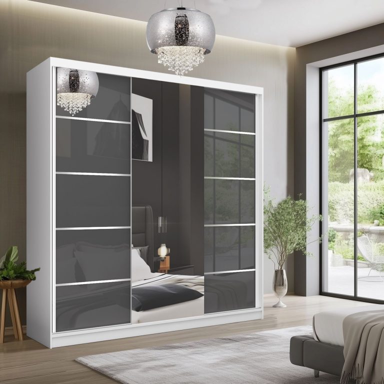 Dressing 200 cm Belini alb mat/gri lucios cu usi glisante cu oglinda si sertare MTG SERENITY SZP5/0/W/S/0/HIAL