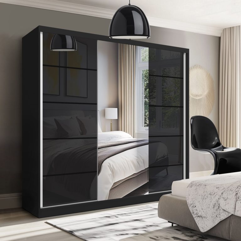 Dressing 200 cm Belini negru mat/negru lucios cu usi glisante cu oglinda si sertare MTG SERENITY SZP5/0/B/B/0/HIAL