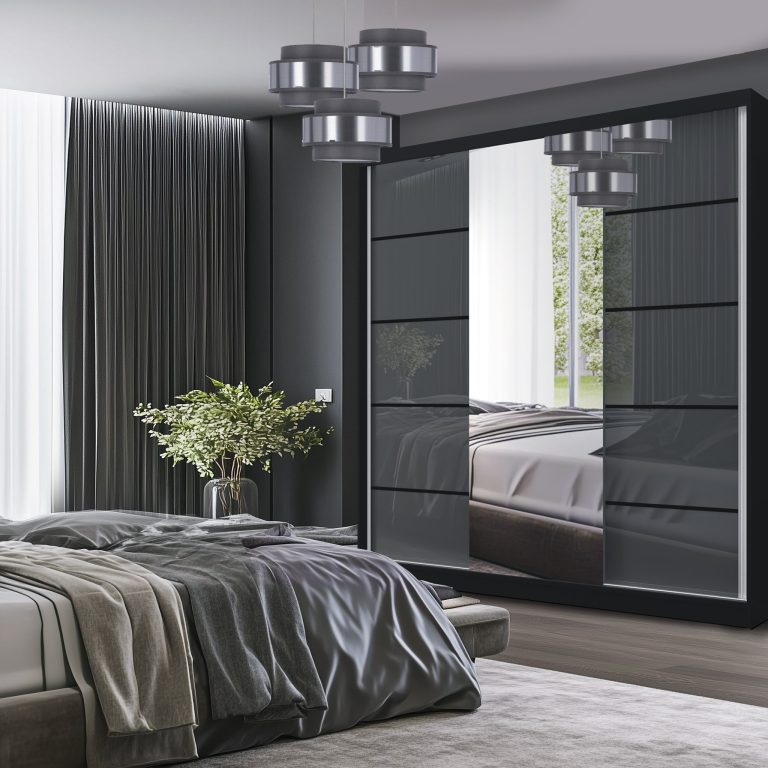 Dressing 200 cm Belini negru mat/gri lucios cu usi glisante cu oglinda si sertare MTG SERENITY SZP5/0/B/S/0/HIAL
