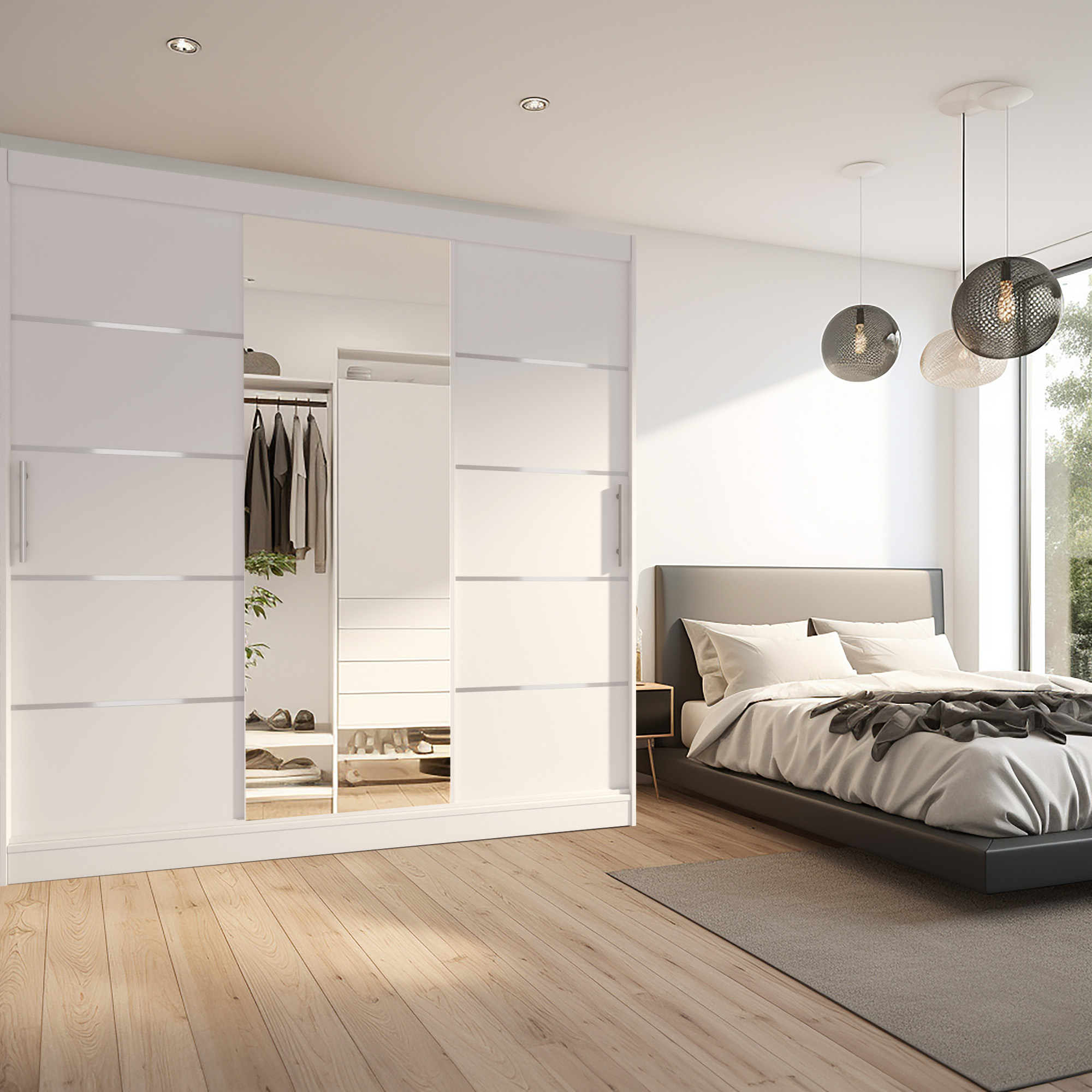 Dormitor cu ușă glisantă albă și pat minimalist
