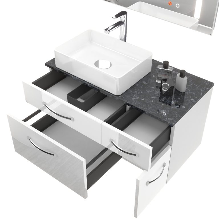 Set mobilier de baie Euphoria alb lucios EUP P 90P/0/W/W/0/BK/MB