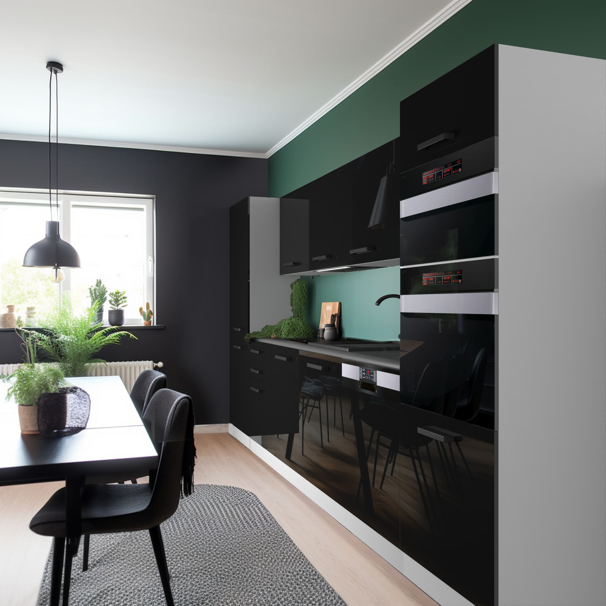 Bucătărie modernă cu mobilier negru lucios