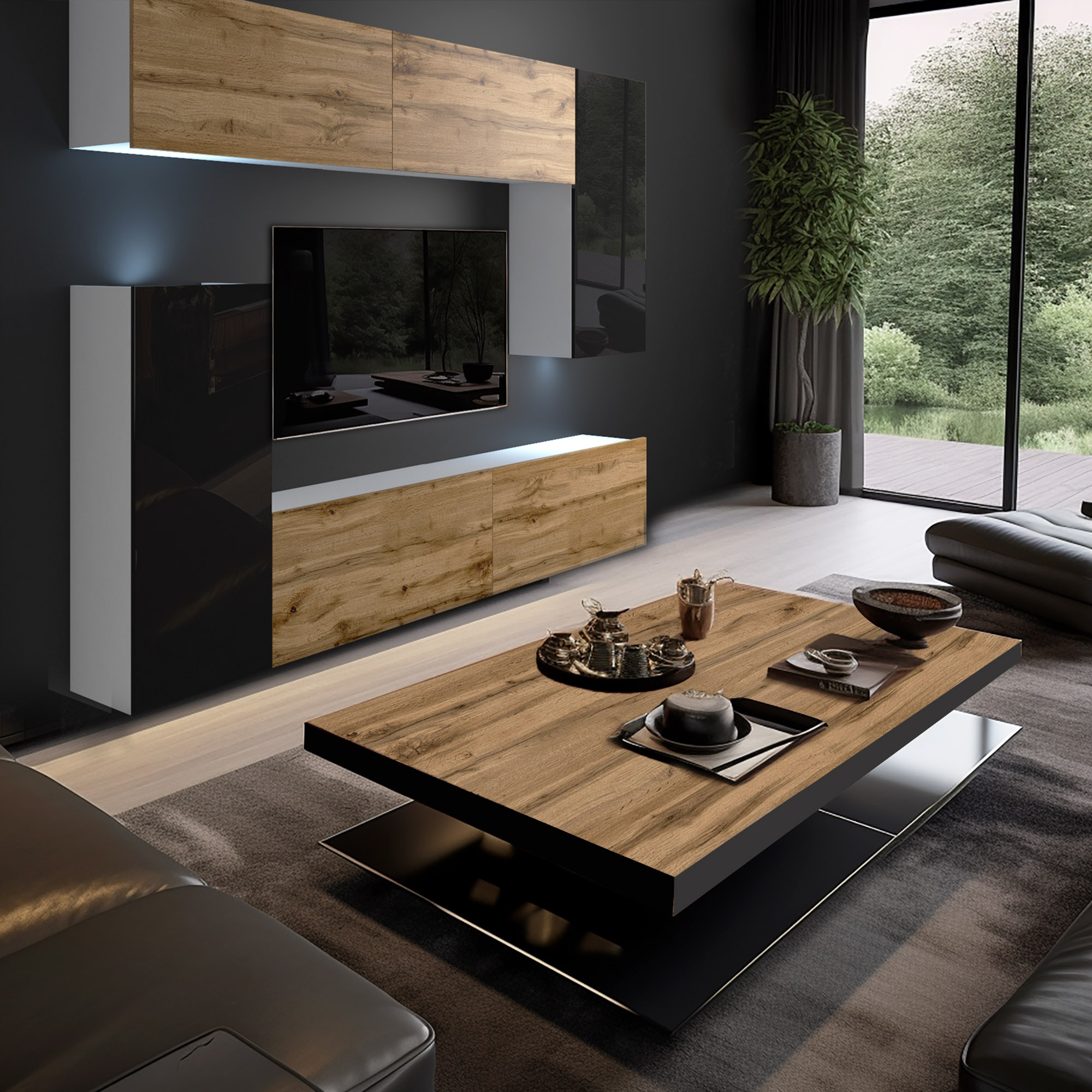 Interior modern de living cu mobilier din lemn