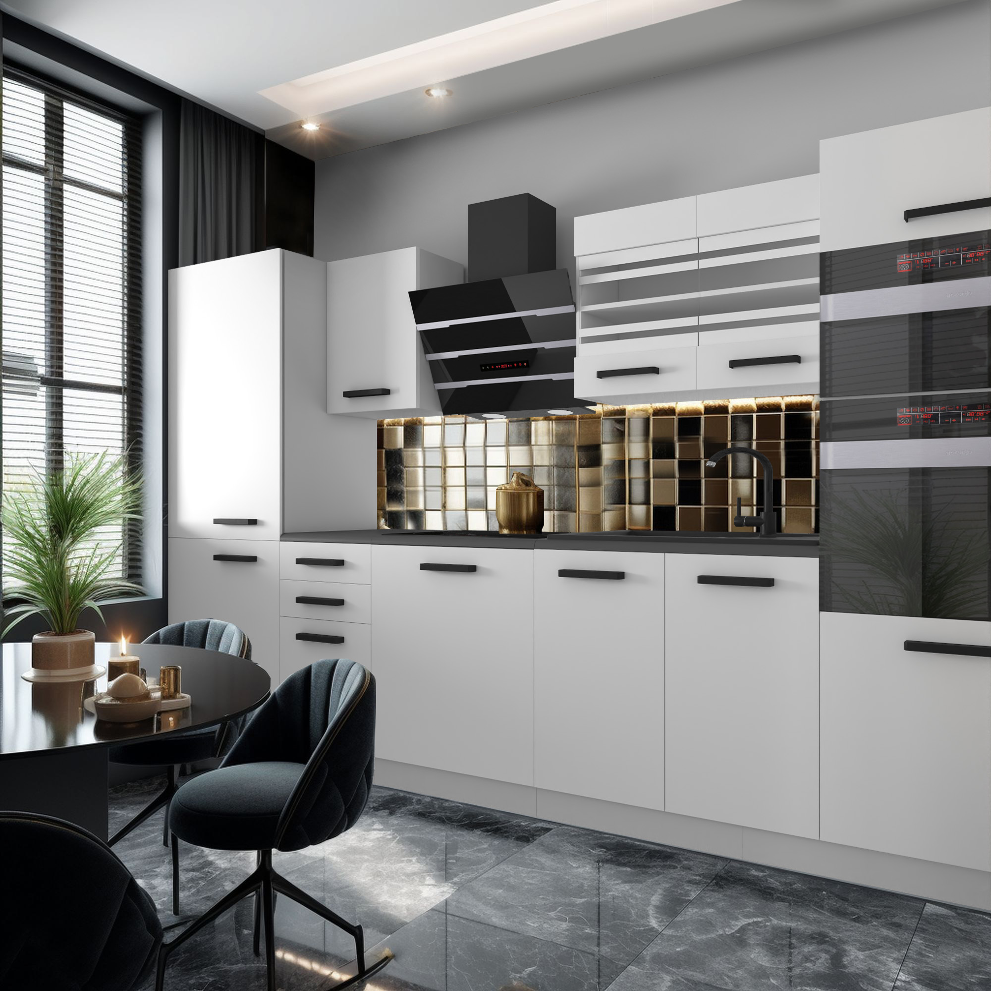 Mobilier bucătărie modern cu accente aurii