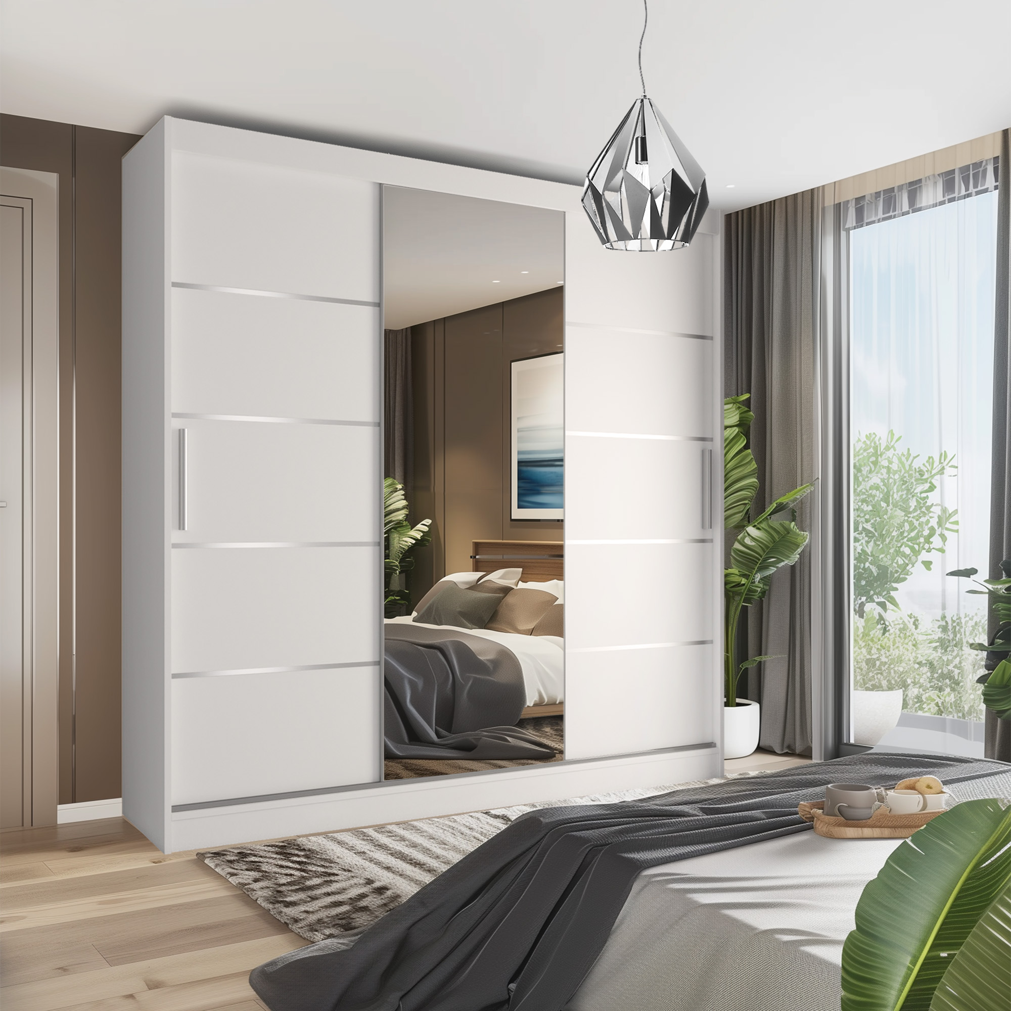 Dormitor modern cu oglindă mare și dulap alb