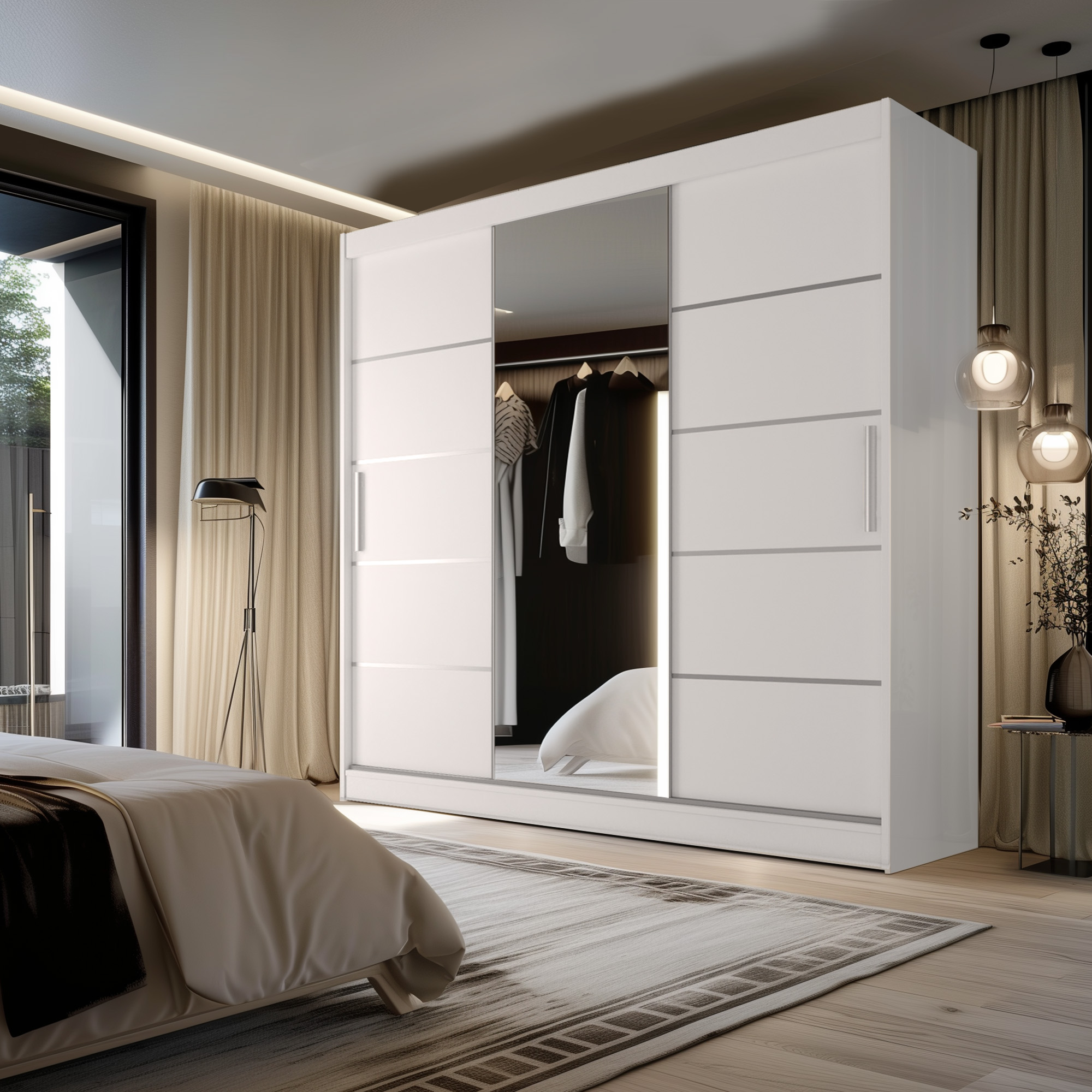 Imagine dormitor cu dulap cu oglinzi și design elegant.