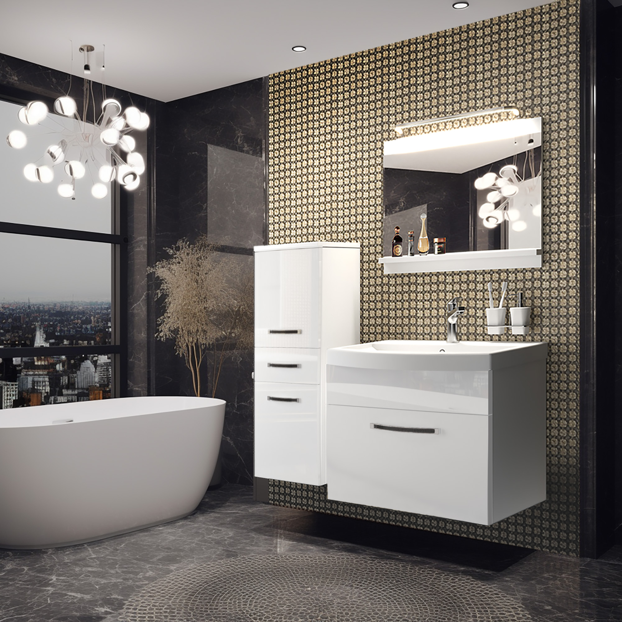 Baie modernă cu mobilier alb și cadă freestanding