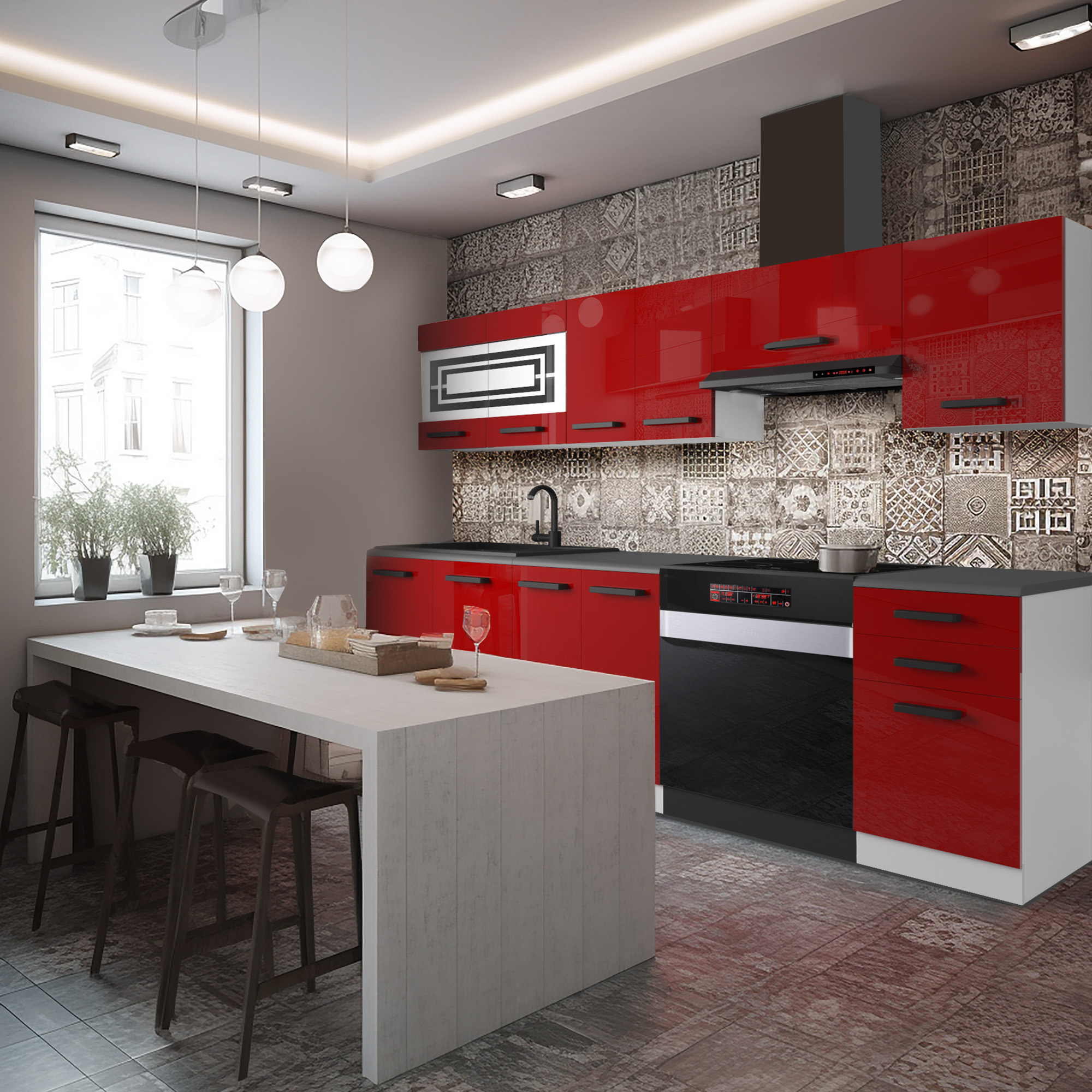 Bucătărie cu design modern și accente roșii