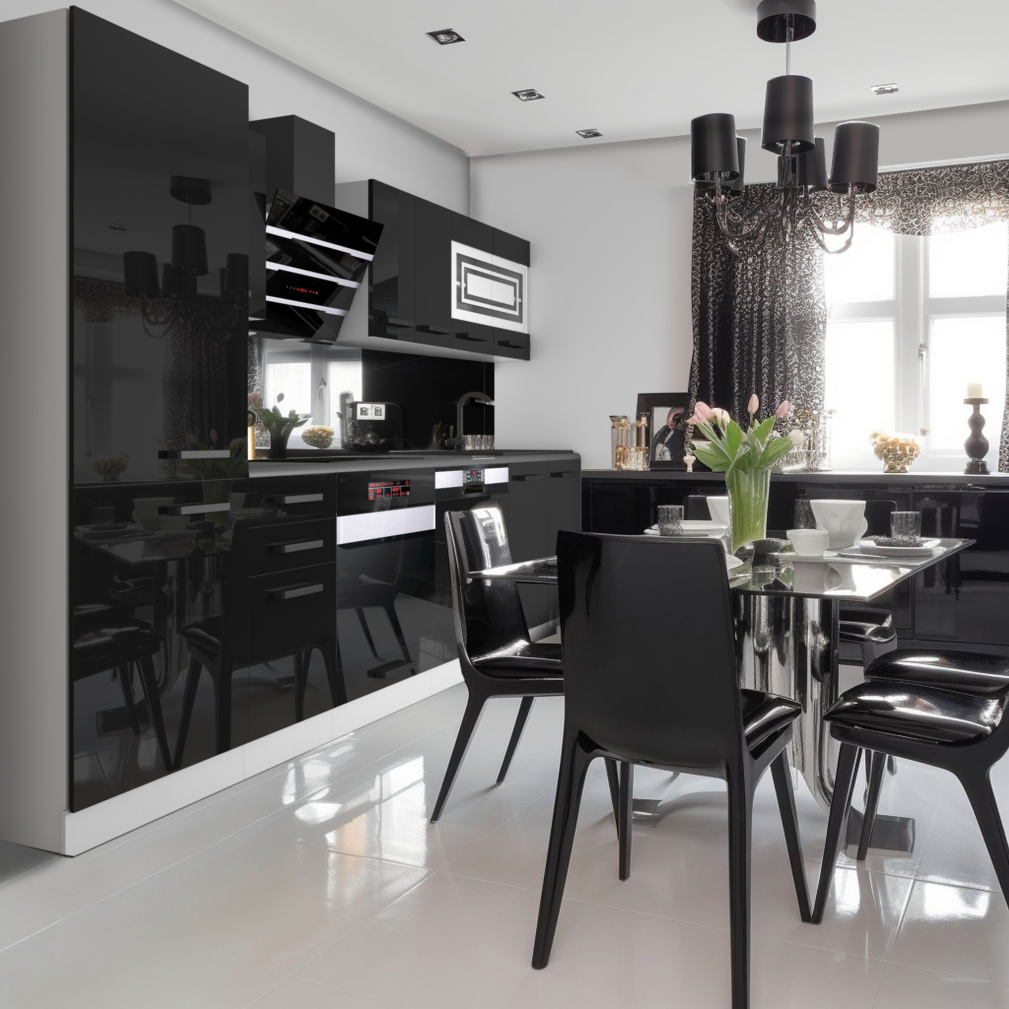Mobilier de bucătărie negru cu accente strălucitoare