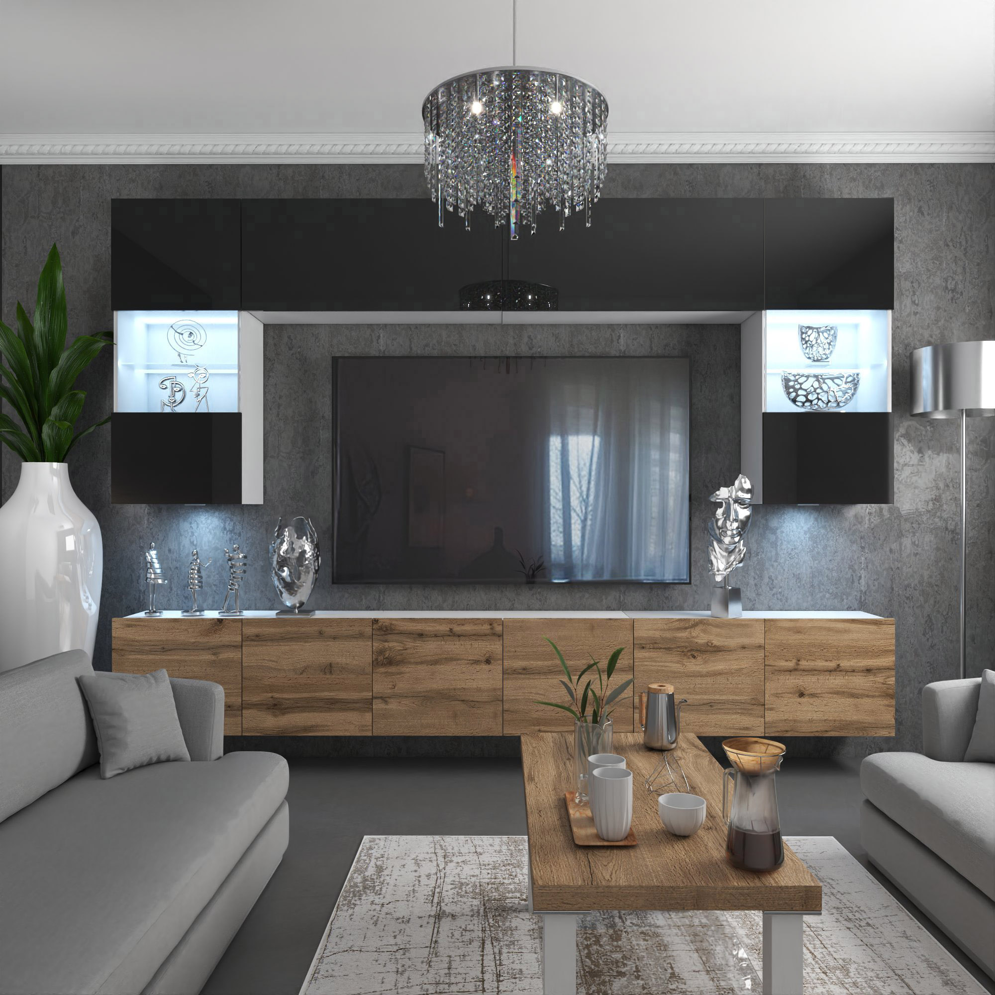 Salon modern cu comoda și decor elegant