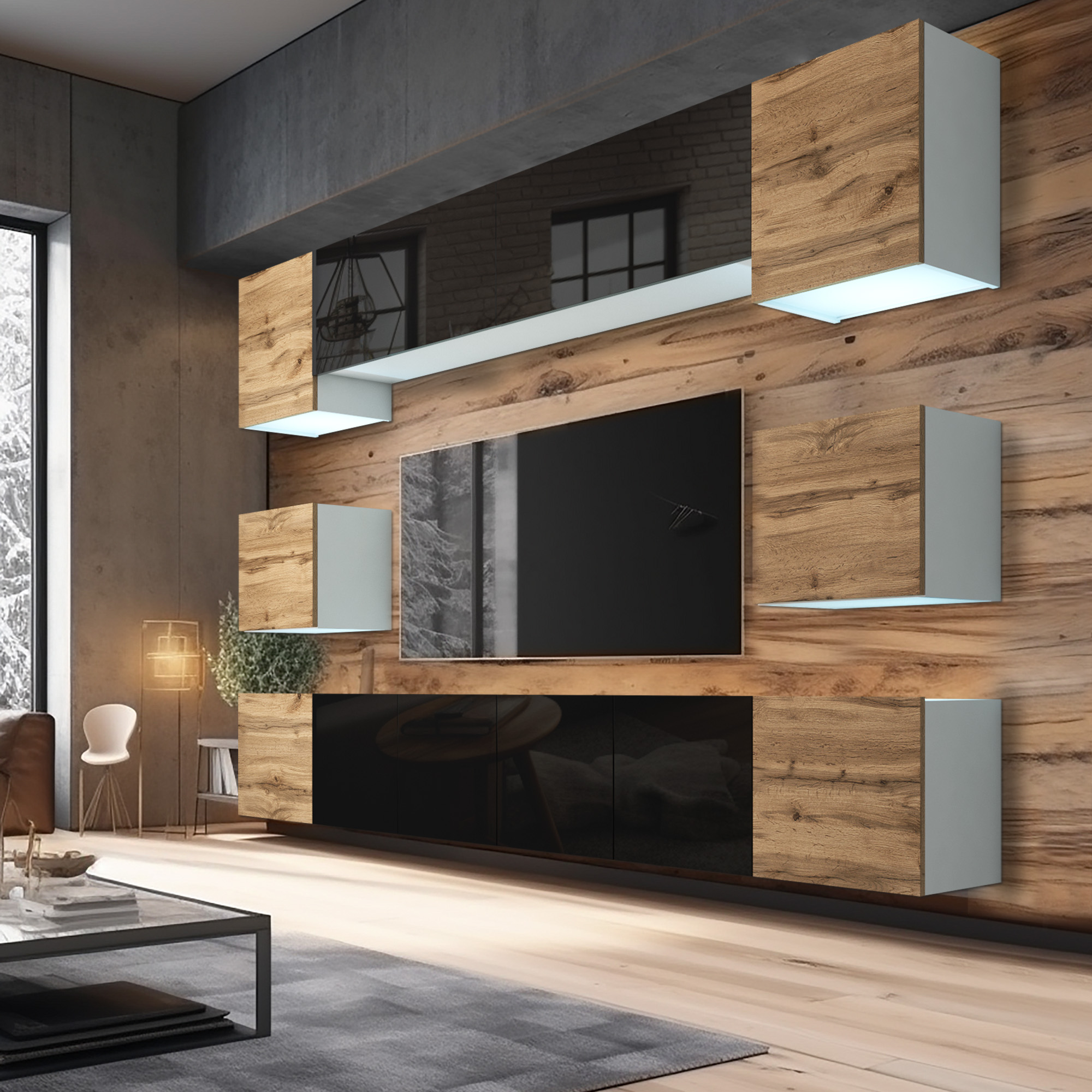Interior de living cu mobilier în lemn și inserturi moderne