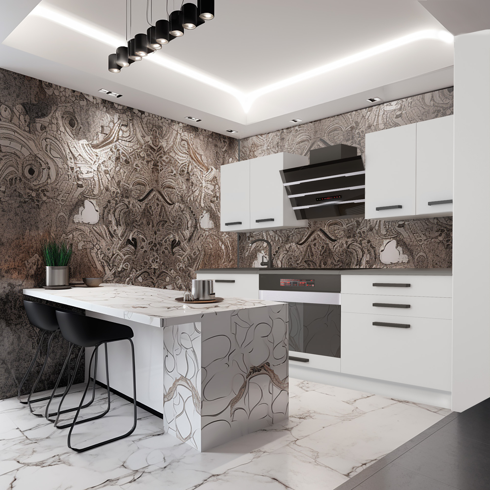 Bucătărie cu design modern și texturi artistice