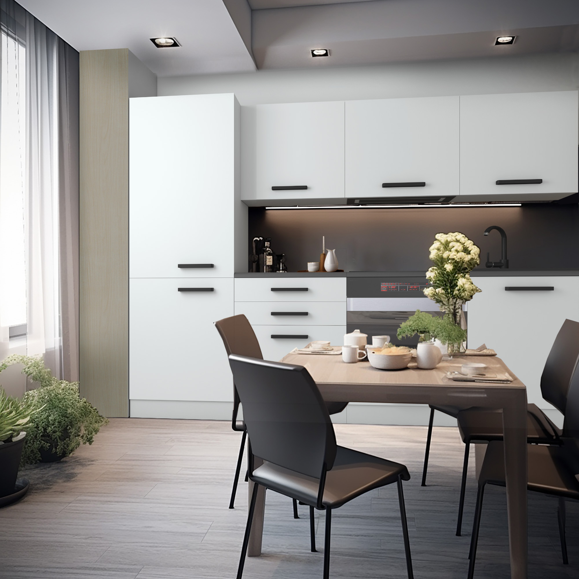 Bucătărie luminoasă cu mobilier alb și masă centrală