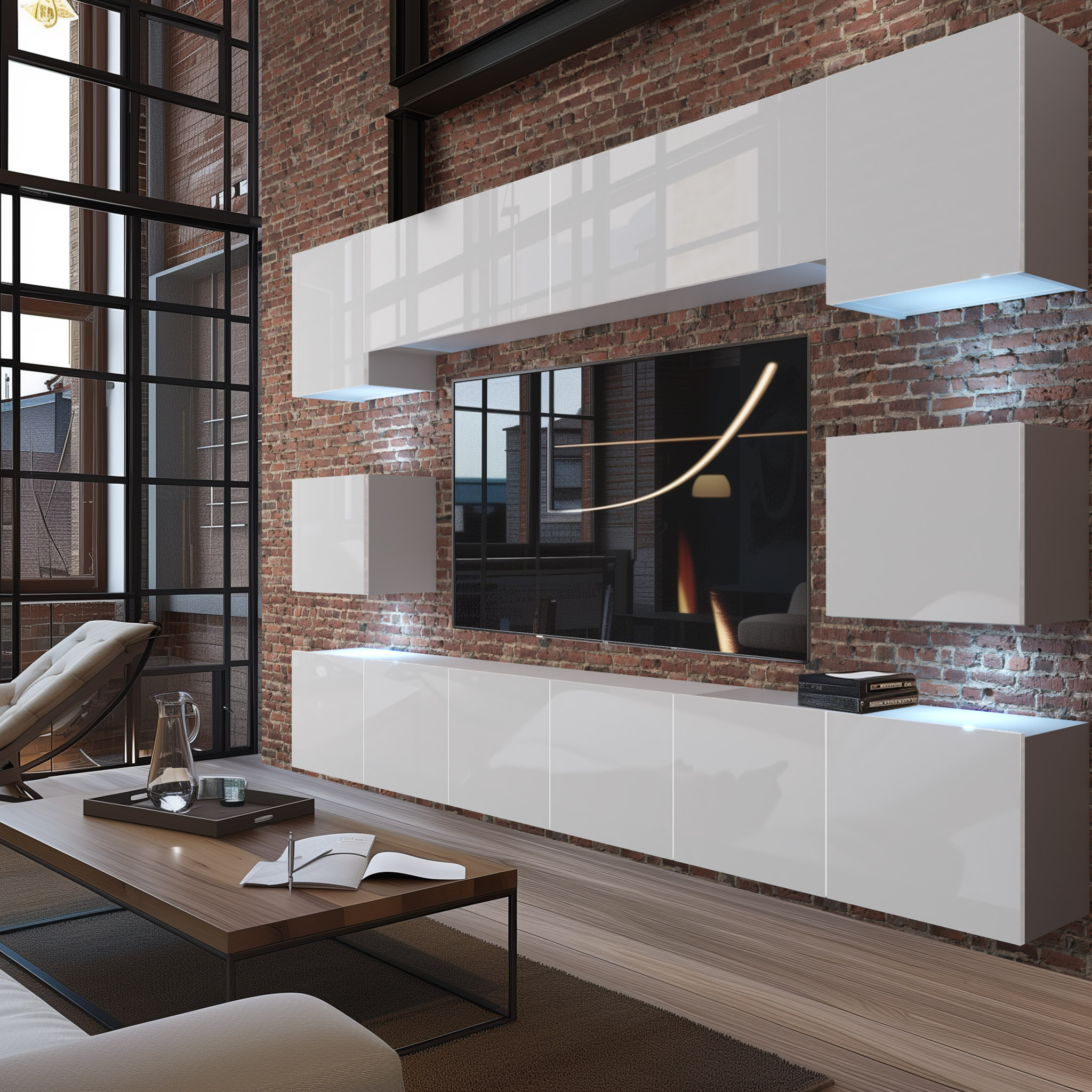 Mobilier alb pe fundal de cărămidă expusă