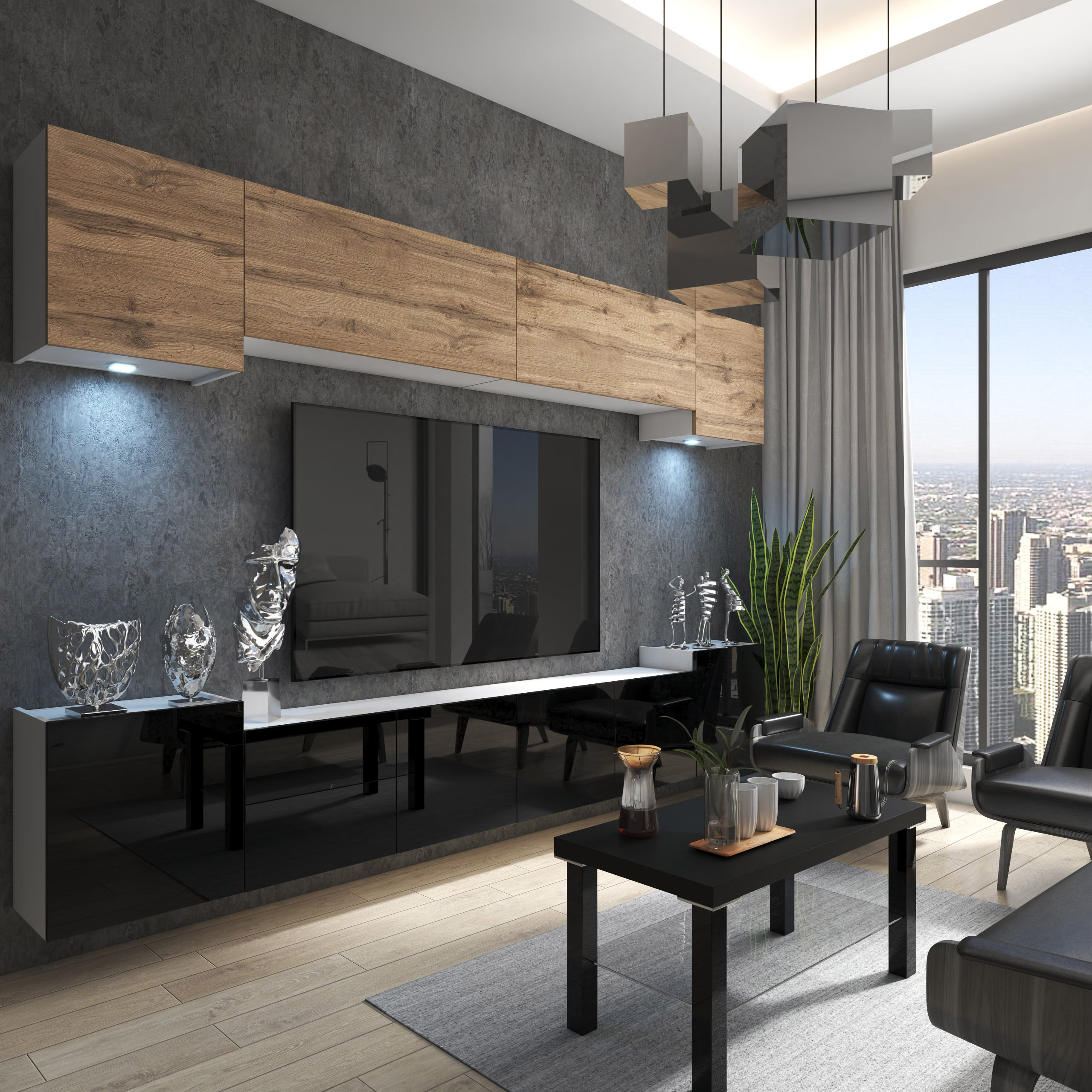 Living cu mobilier modern și accente de lemn