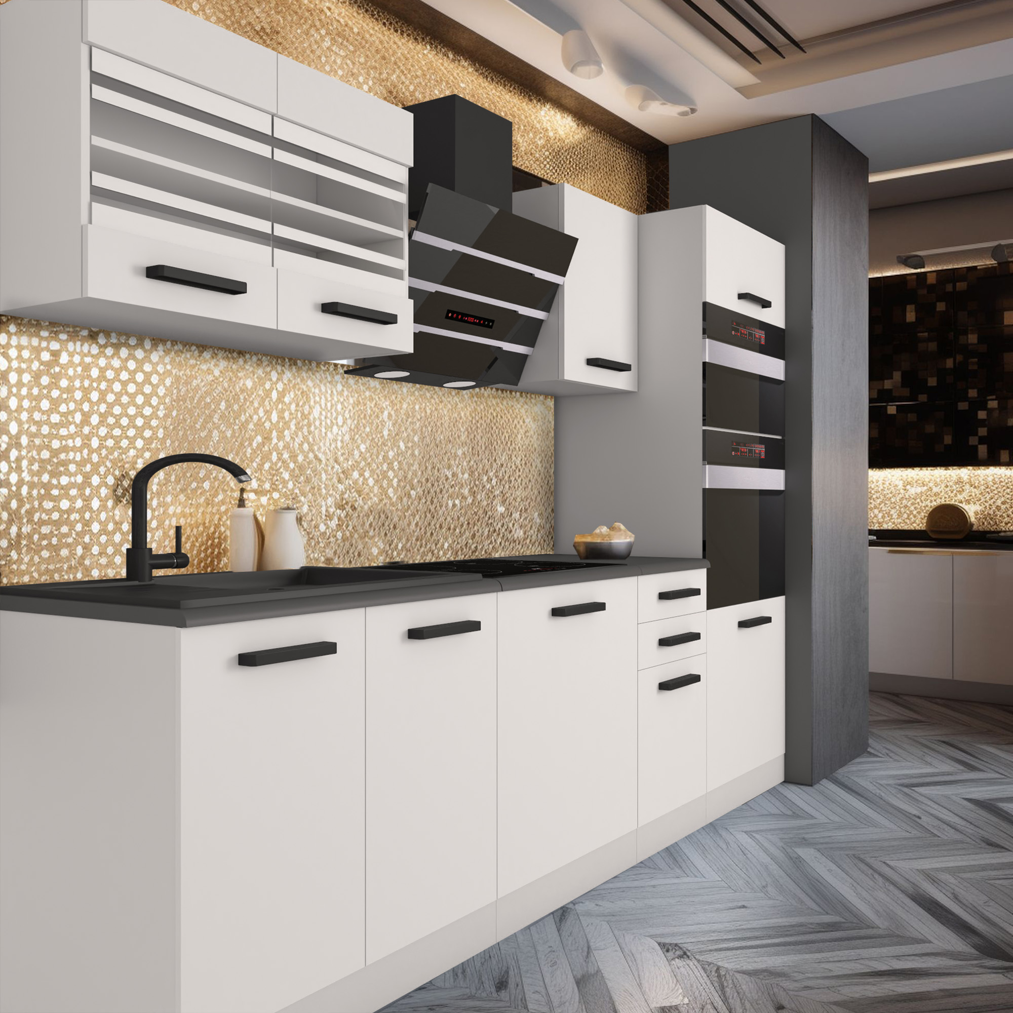 Interior bucătărie elegantă cu placare aurie