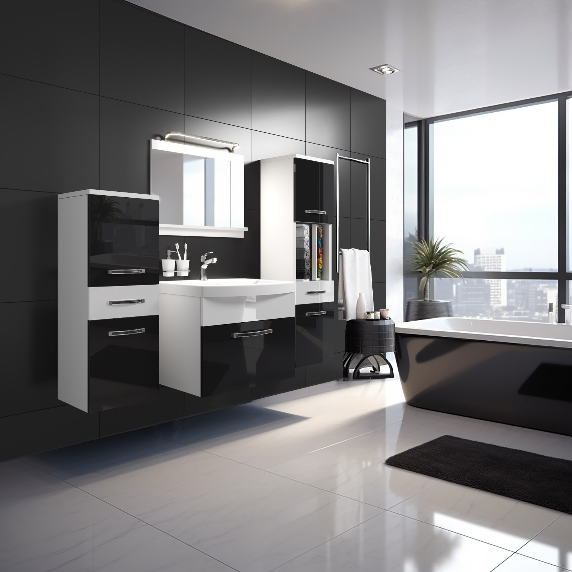 Baie elegantă cu mobilier funcțional și cadă