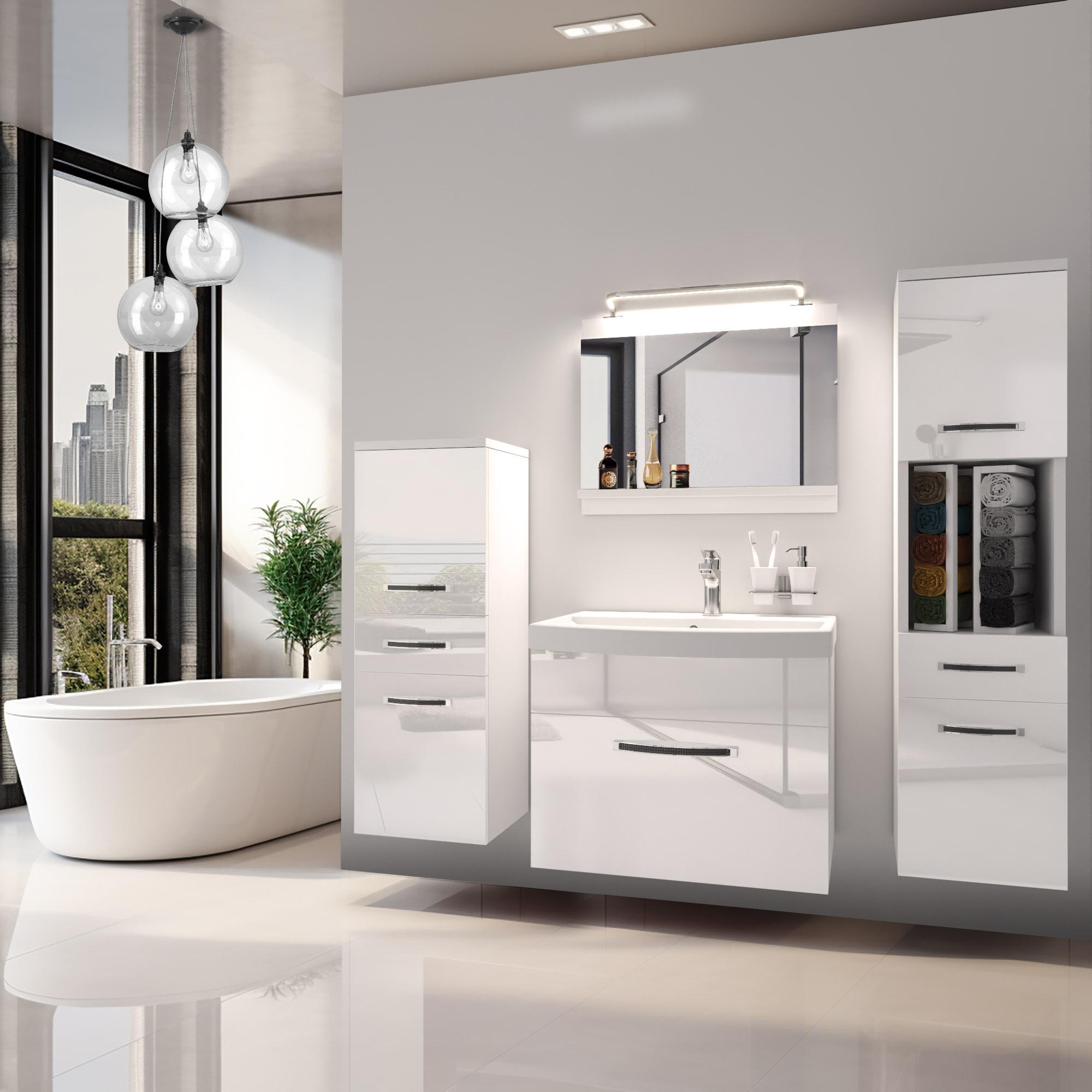 Baie cu mobilier alb lucios și cadă modernă