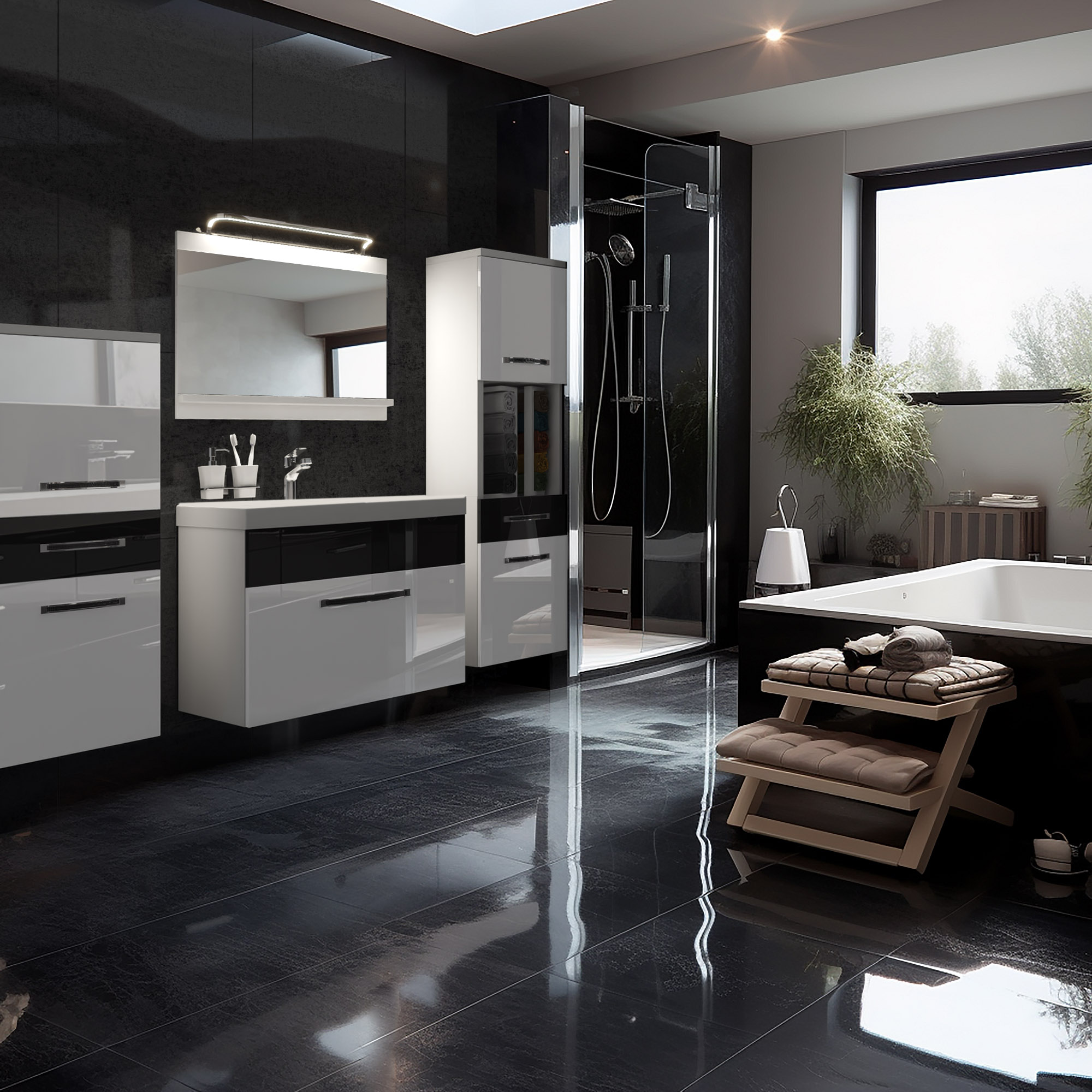Baie cu mobilier modern și cabină de duș