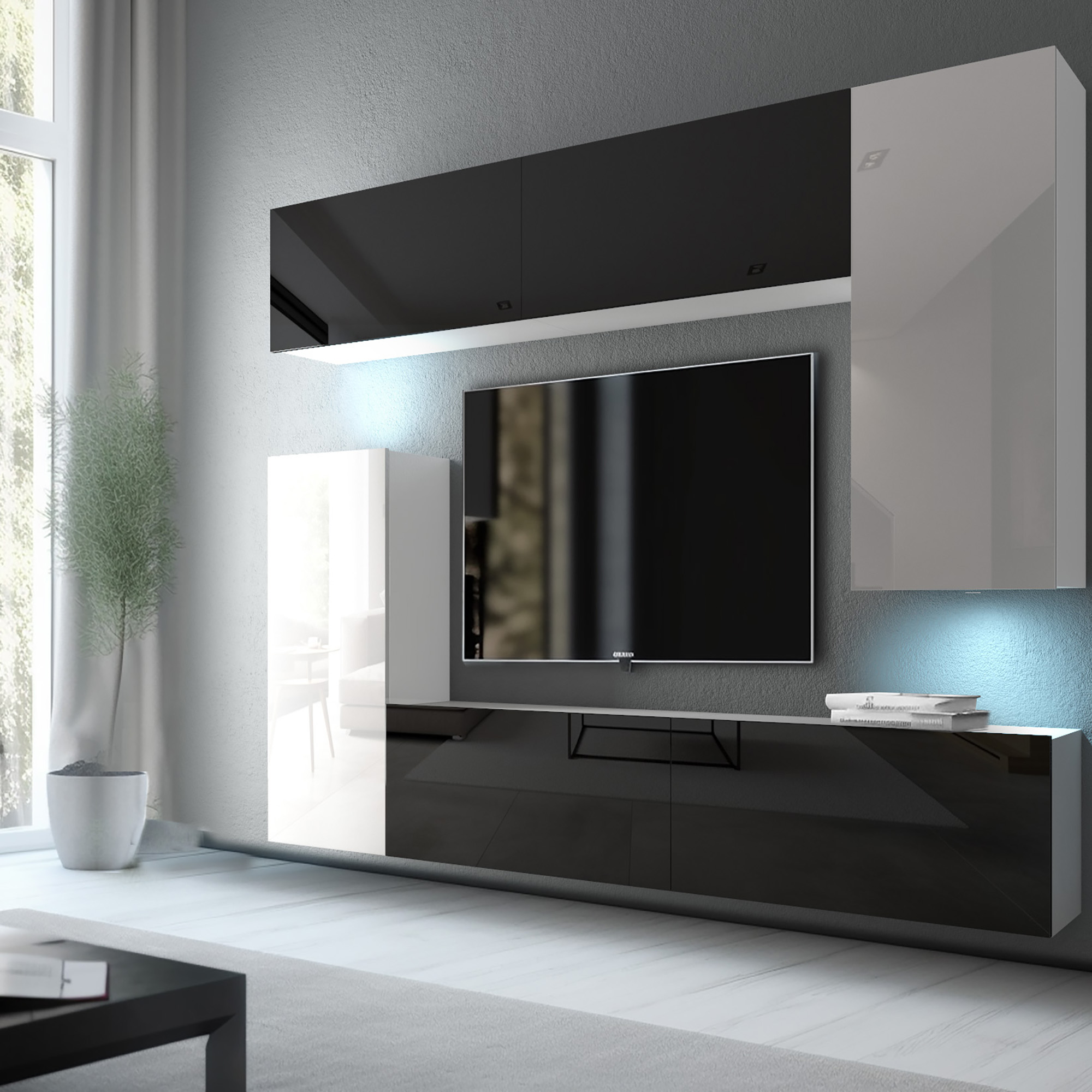 Mobilier alb-negru în spațiul de zi