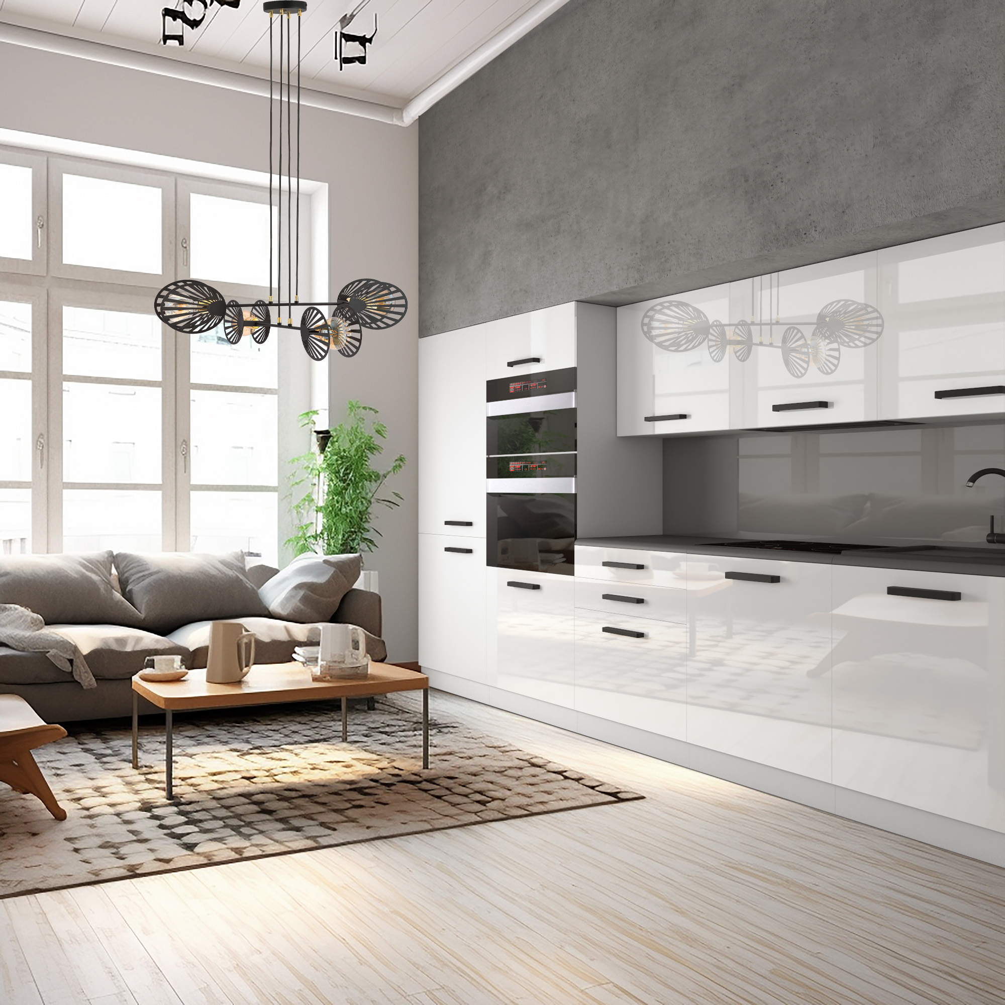 Design bucătărie și living cu finisaje albe și minimaliste