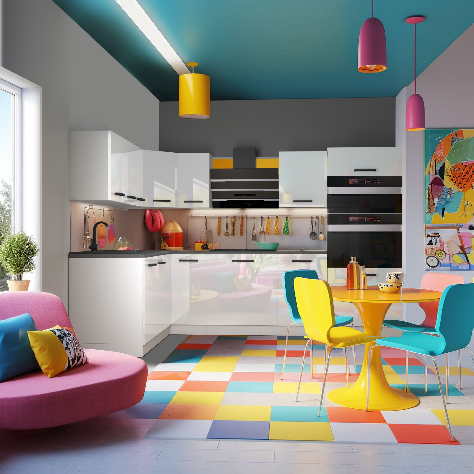 Bucătărie colorată și modernă cu mobilier alb lucios