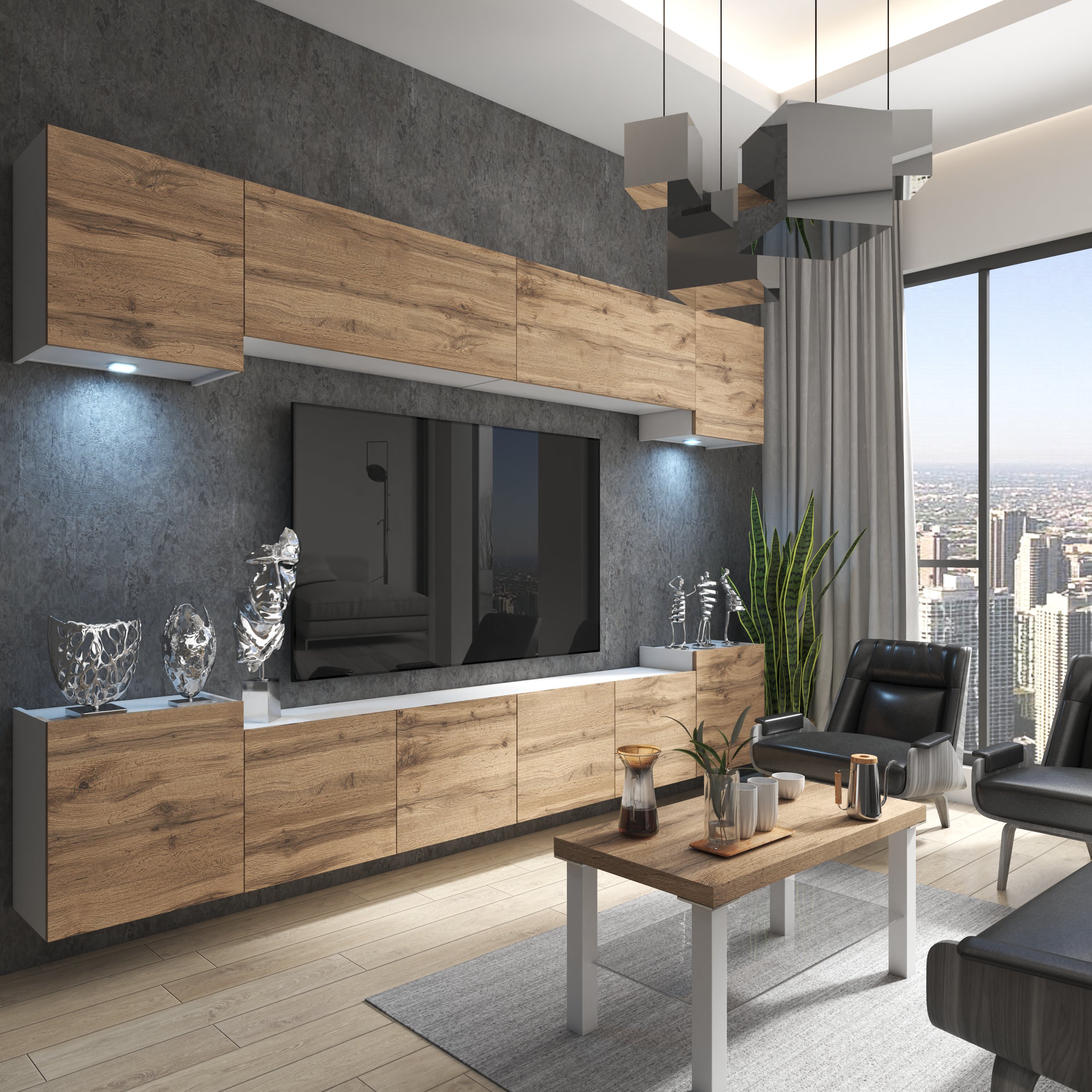 Living modern cu mobilier din lemn și vedere panoramică