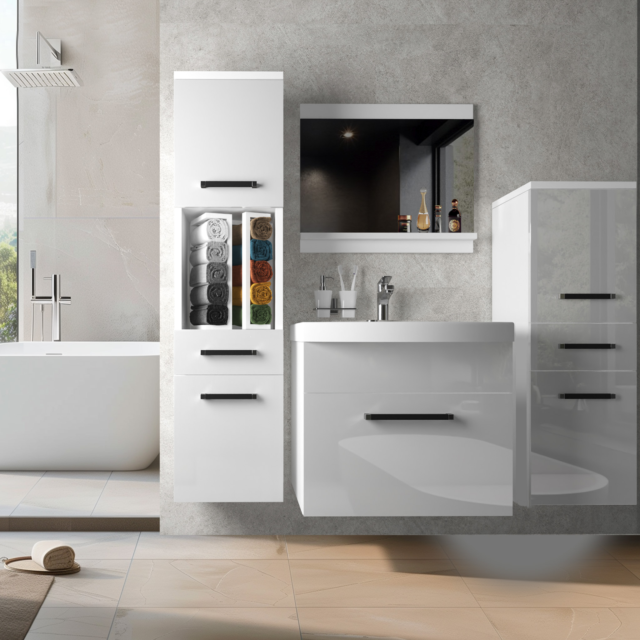 Mobilier alb și cadă modernă în baie