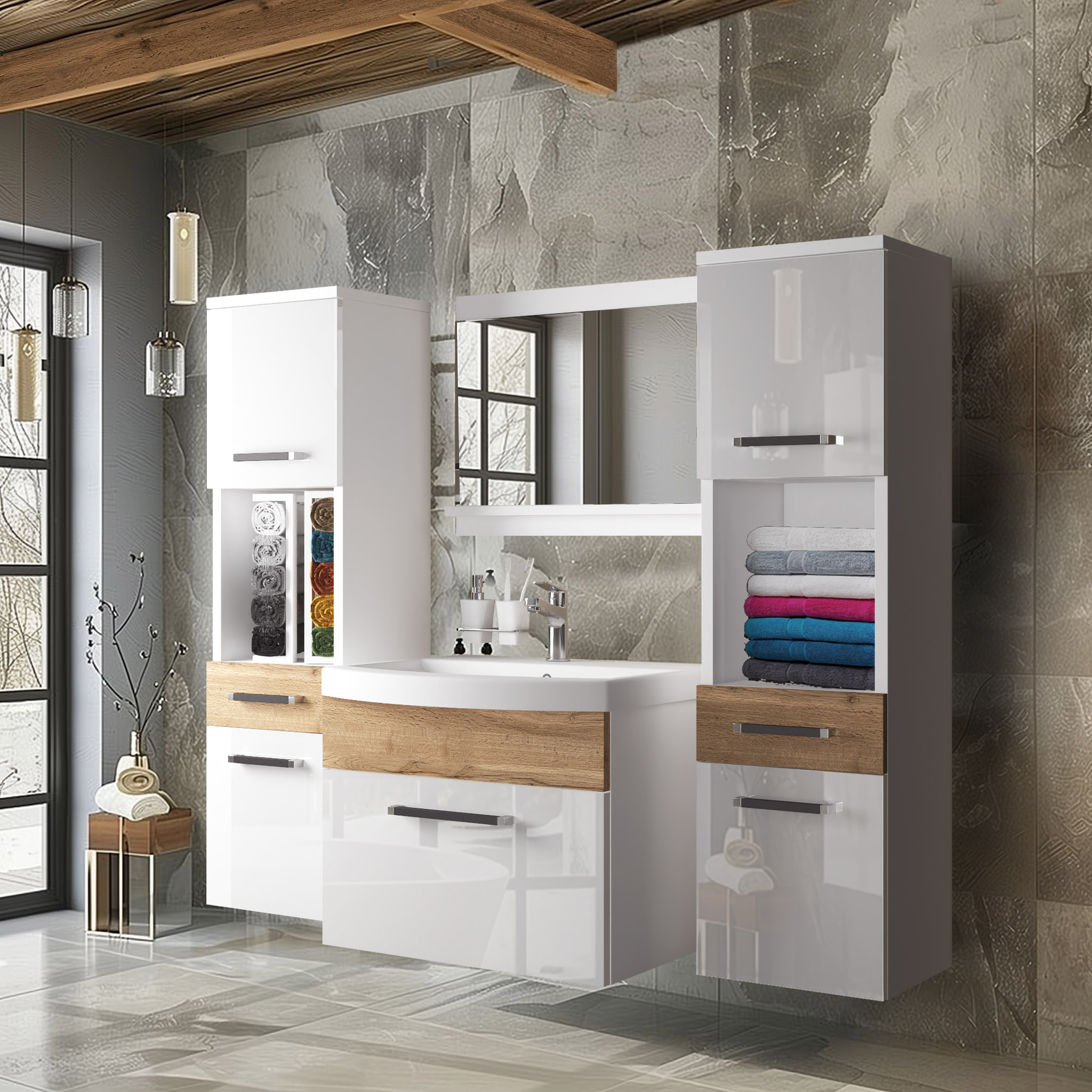 Mobilier de baie alb cu detalii din lemn și oglinzi