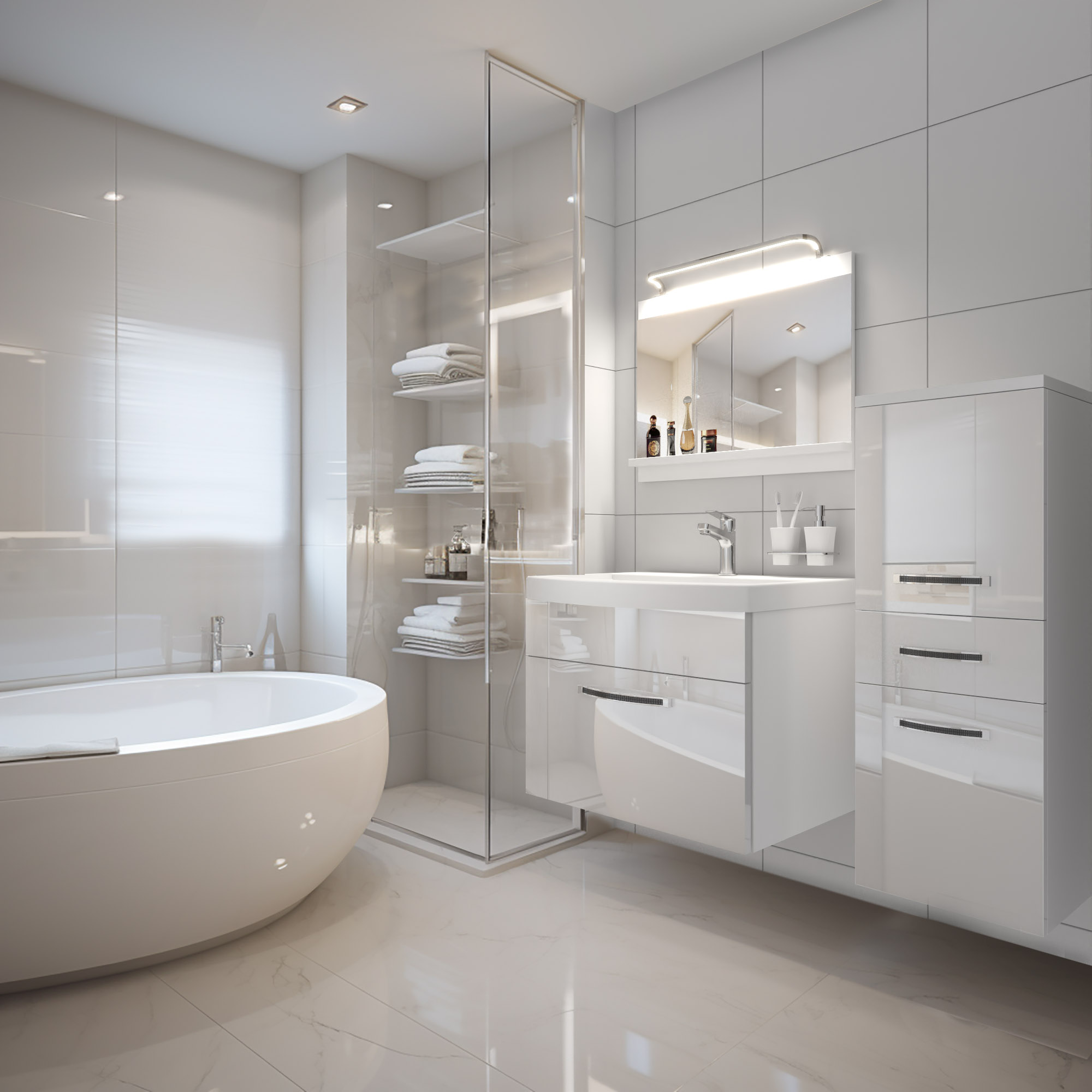 Baie elegantă cu cadă ovală și mobilier alb