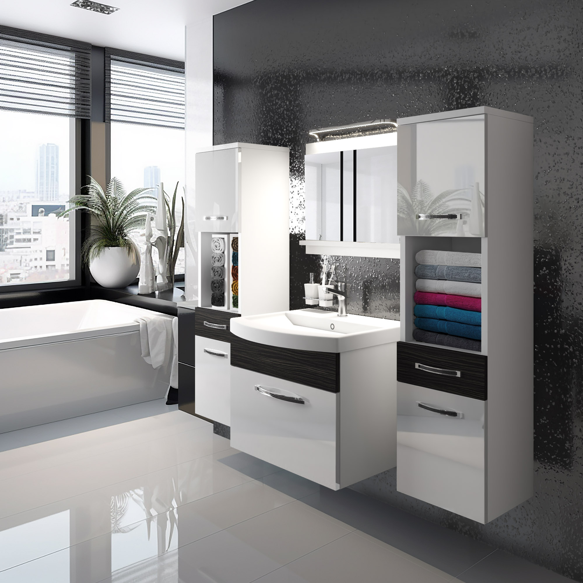 Mobilier de baie alb cu accente lucioase