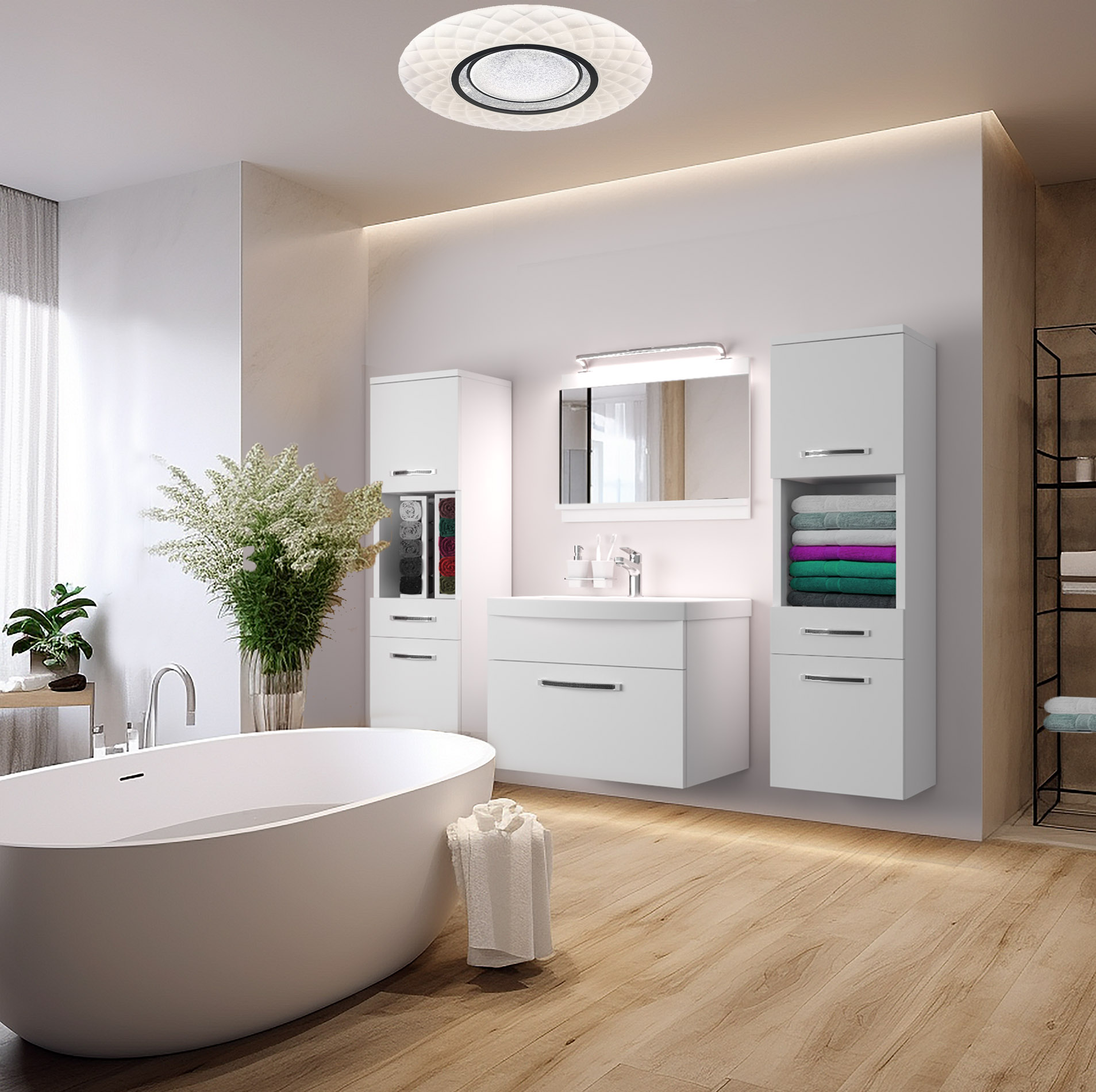 Baie spațioasă cu mobilier alb și cadă elegantă