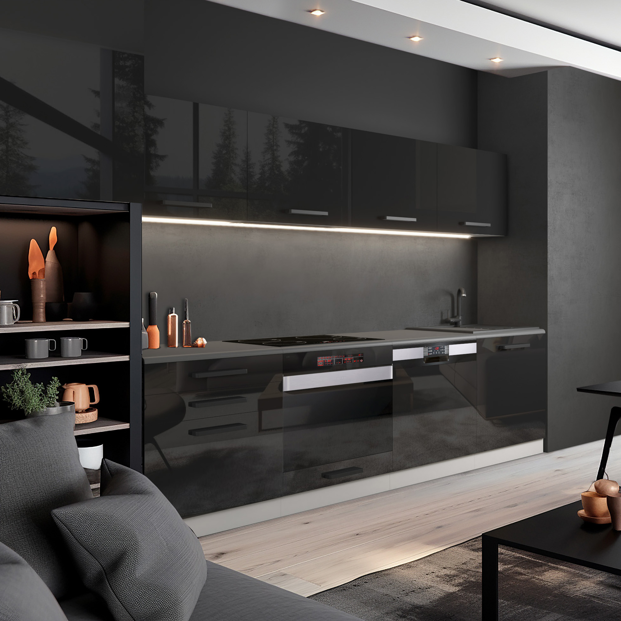 Bucătărie modernă cu mobilier lucios și design rafinat