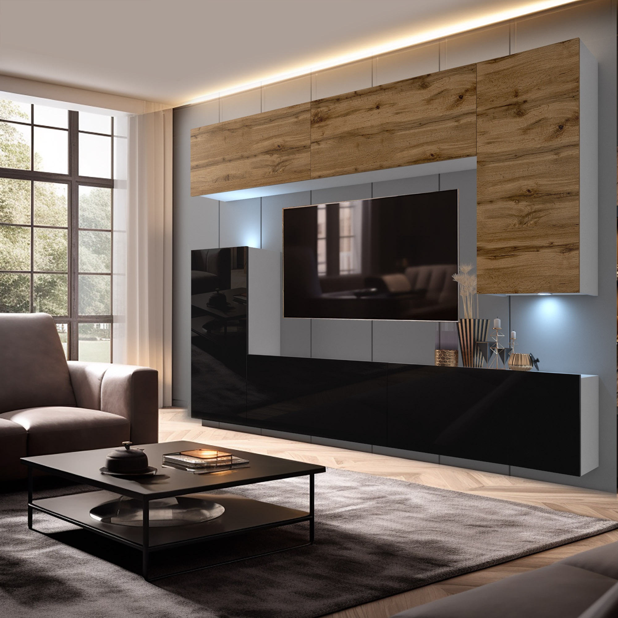Living cu mobilier din lemn și elemente moderne