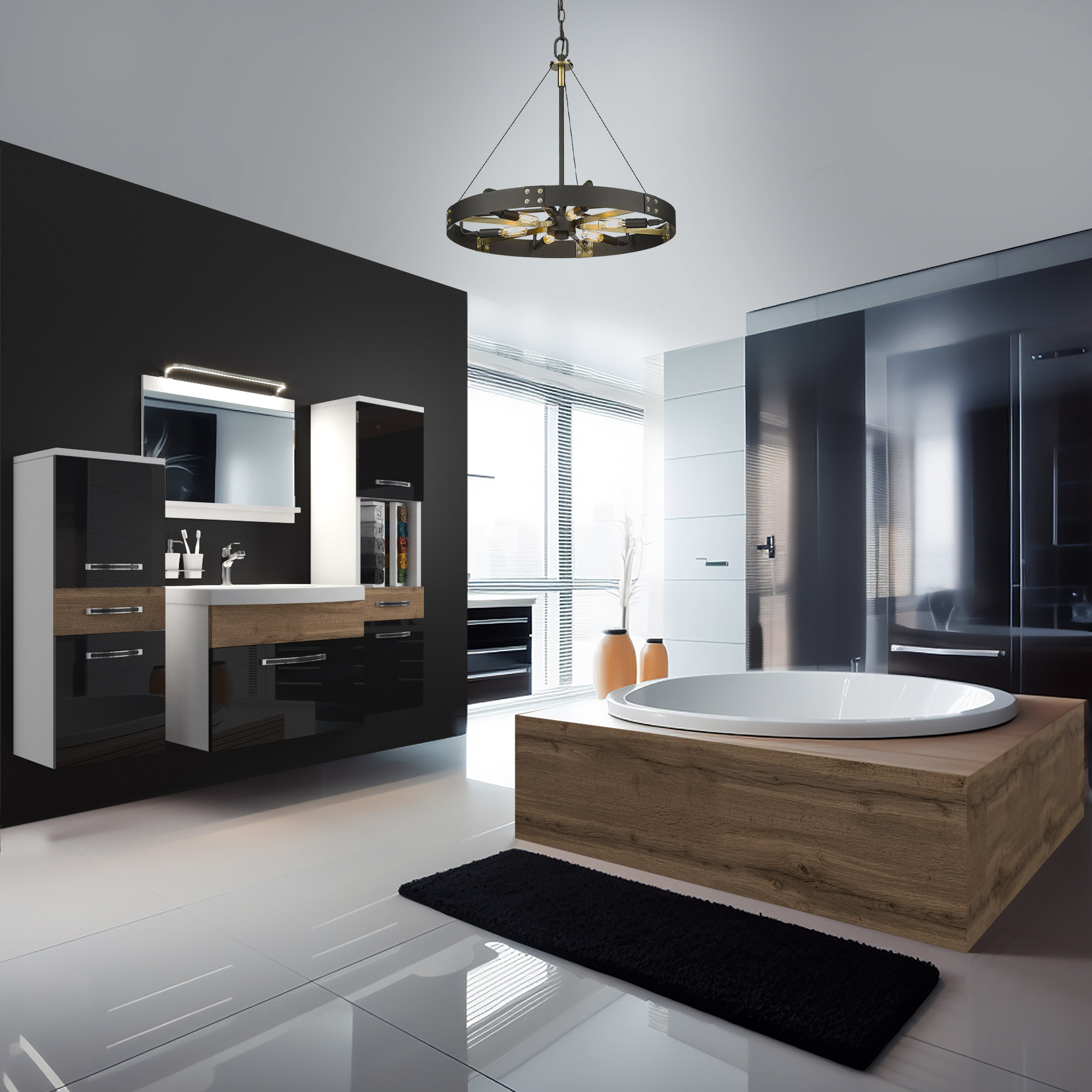 Baie cu cadă freestanding și mobilier negru elegant