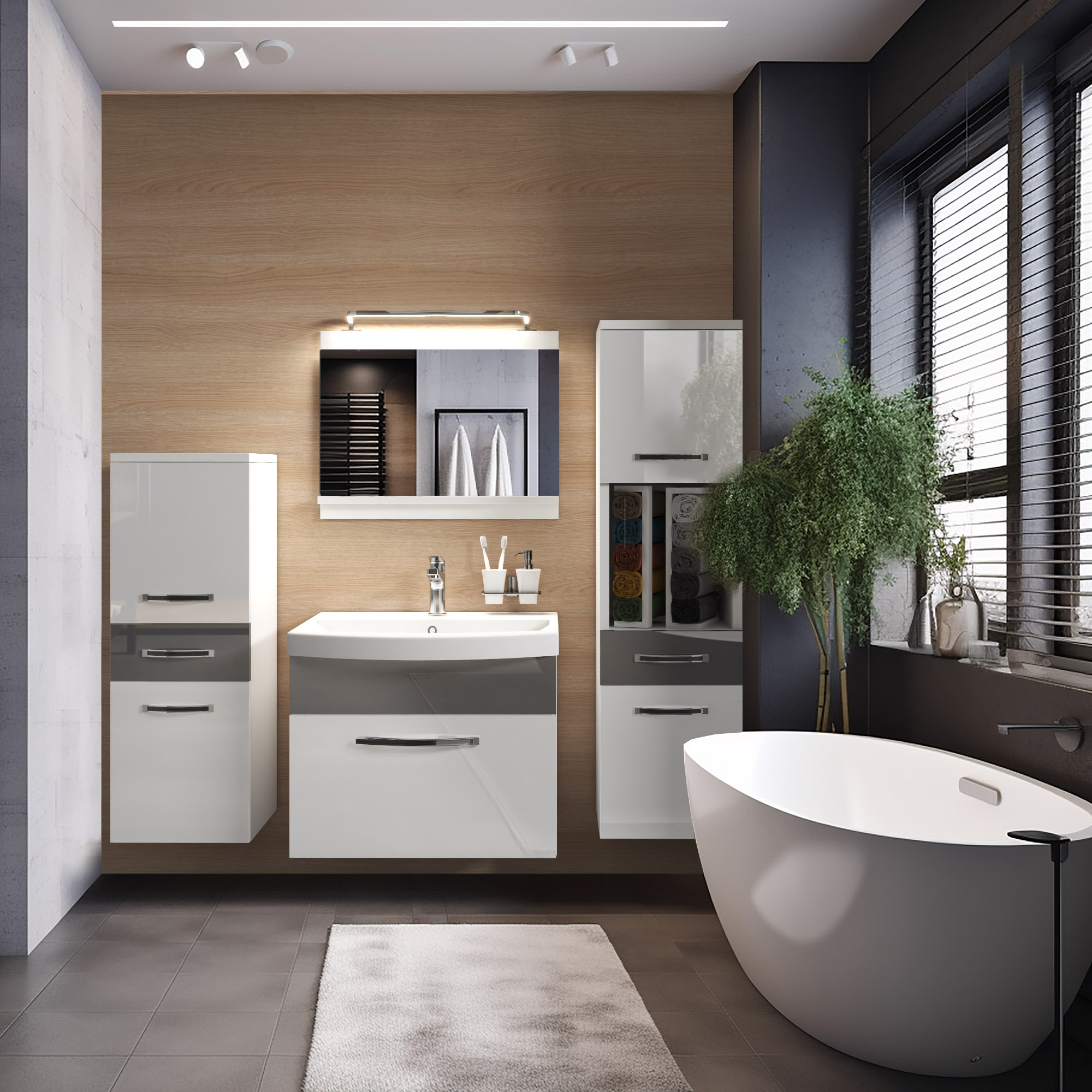 Imagine baie cu cadă albă și mobilier modern din lemn