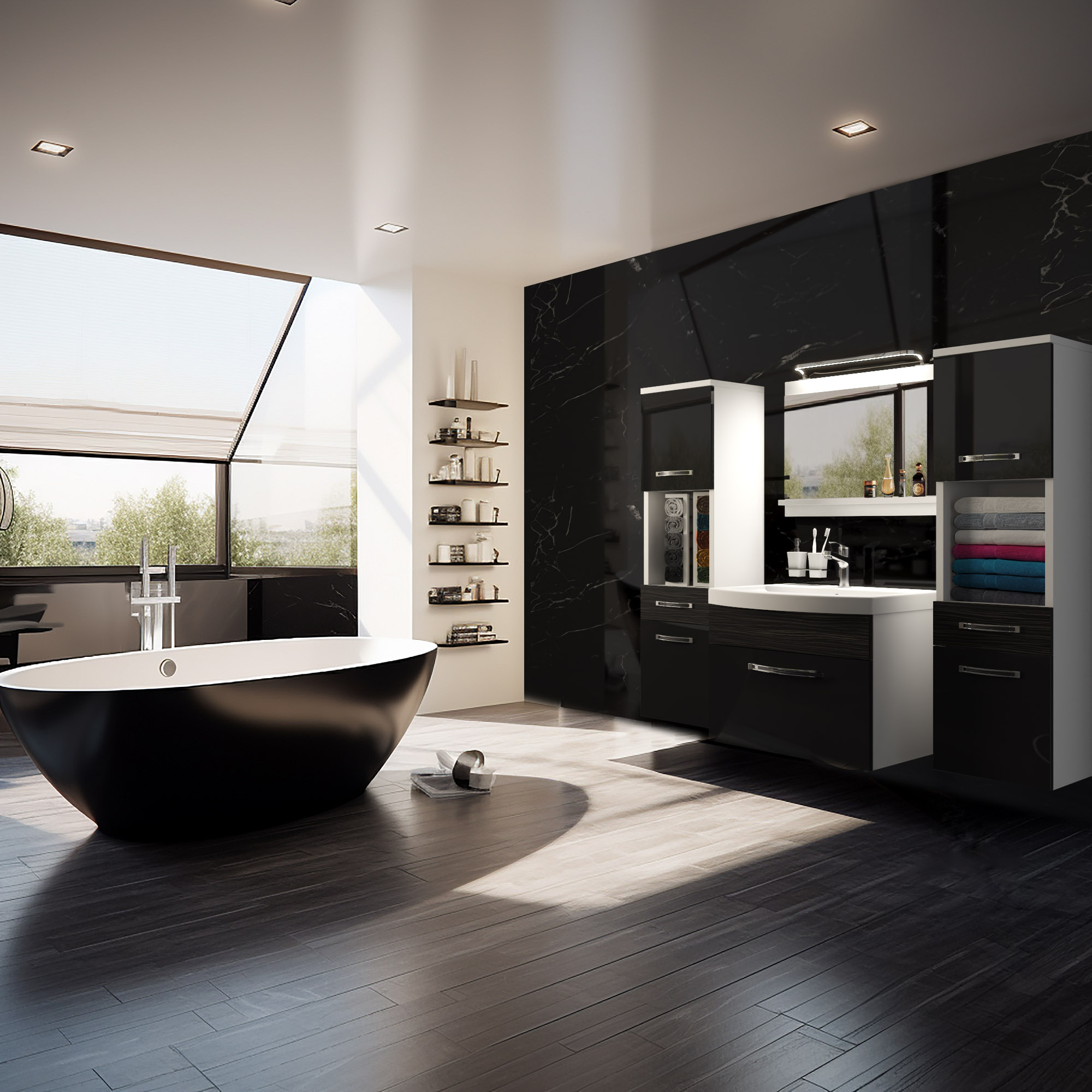 Baie alb-negru cu cadă și mobilier elegant