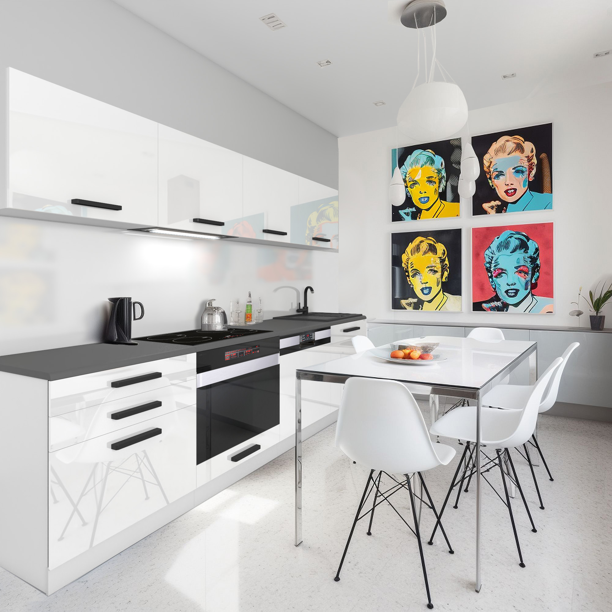 Bucătărie albă cu accente pop-art colorate