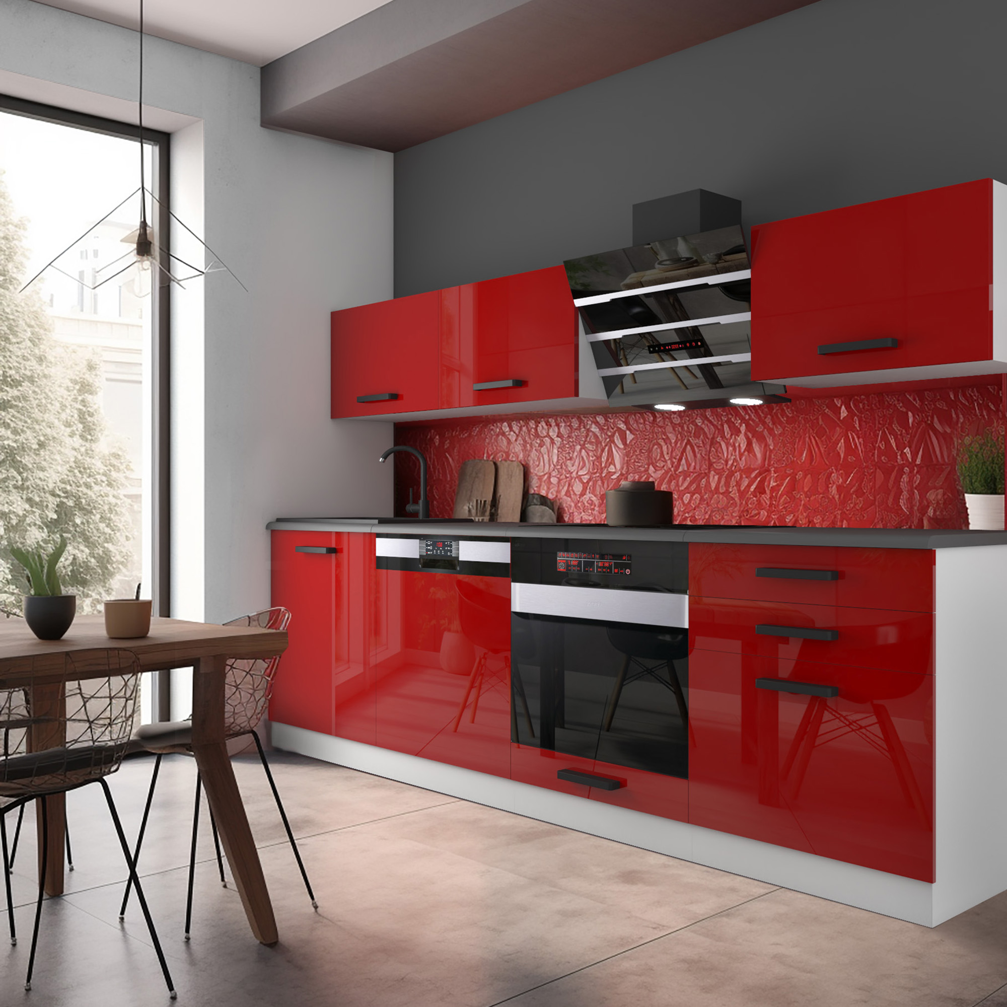 Bucătărie modernă cu mobilier roșu vibrant