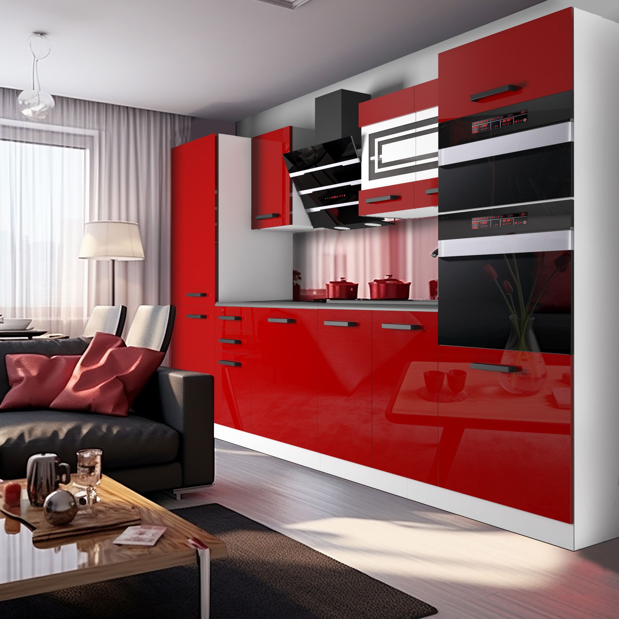 Mobilier de bucătărie roșu lucios cu design modern