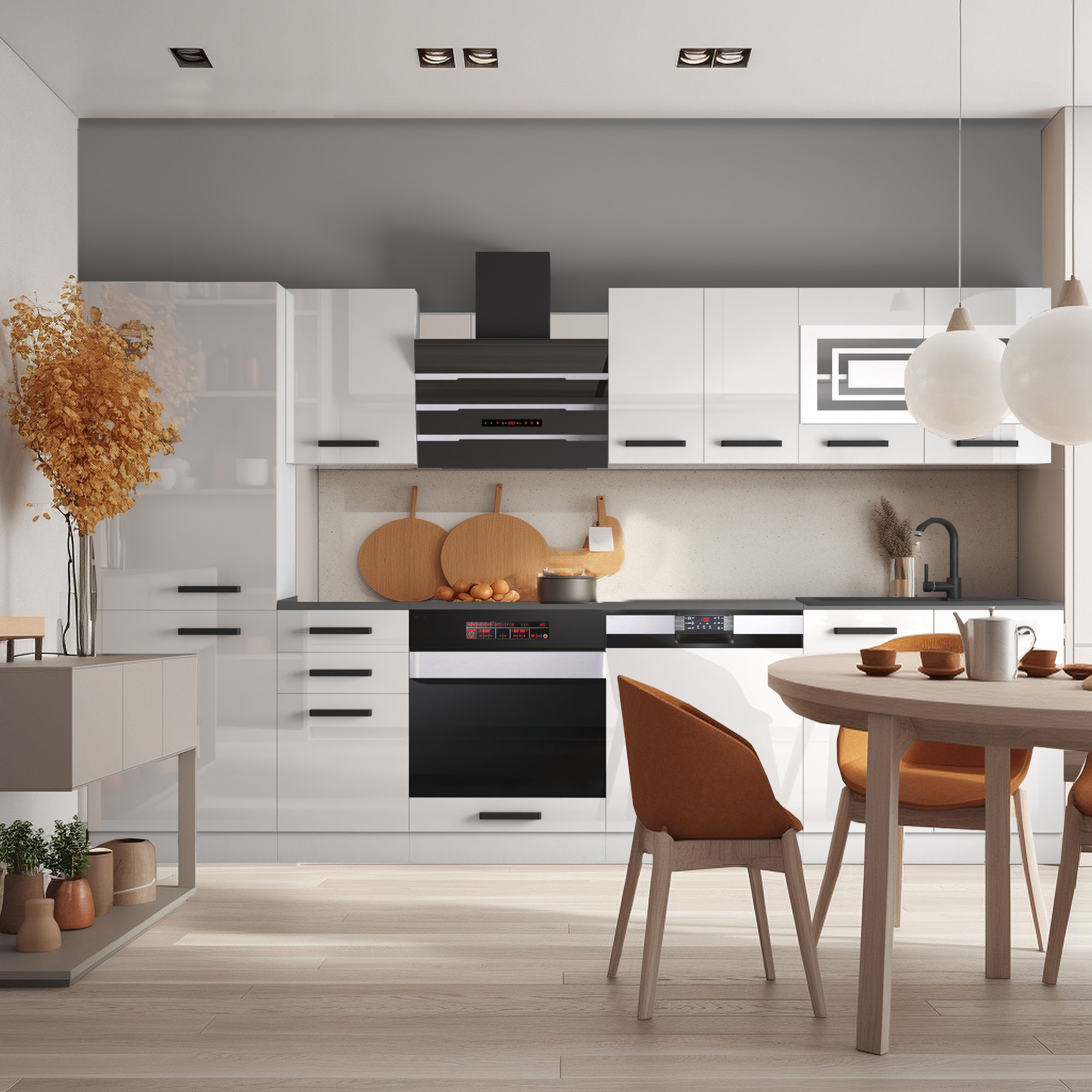 Bucătărie modernă cu mobilier alb și detalii naturale