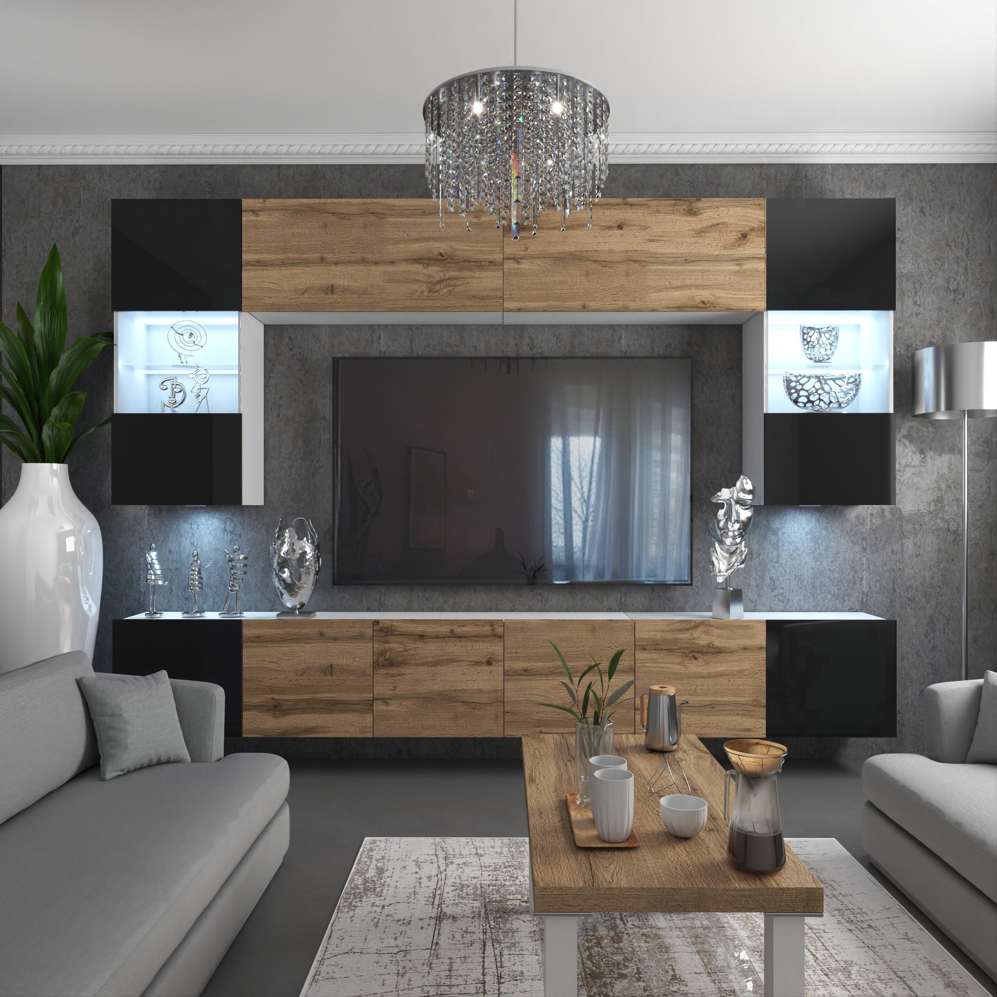 Interior de living cu mobilier din lemn și accente neutre