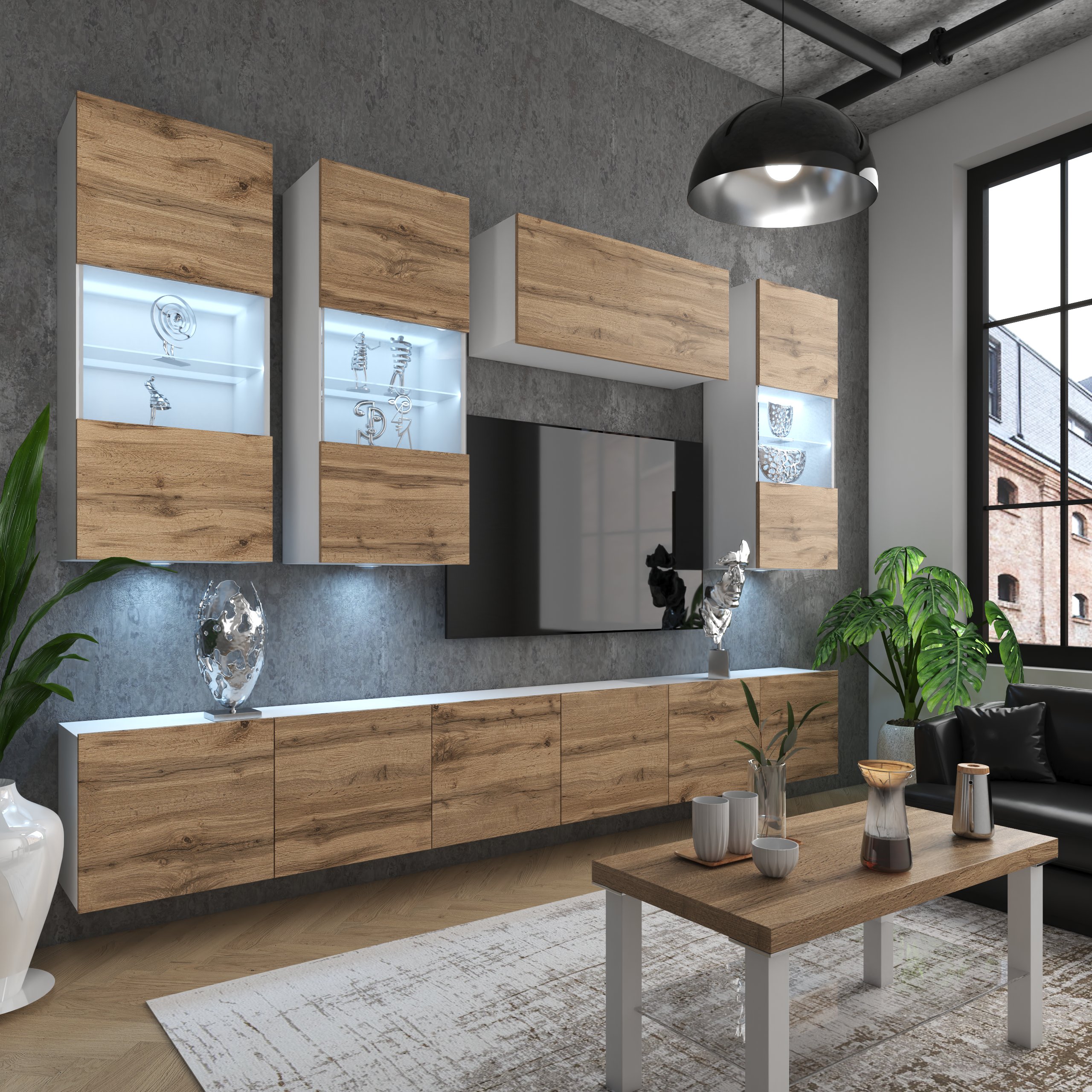 Living cu mobilier din lemn și accente metalice