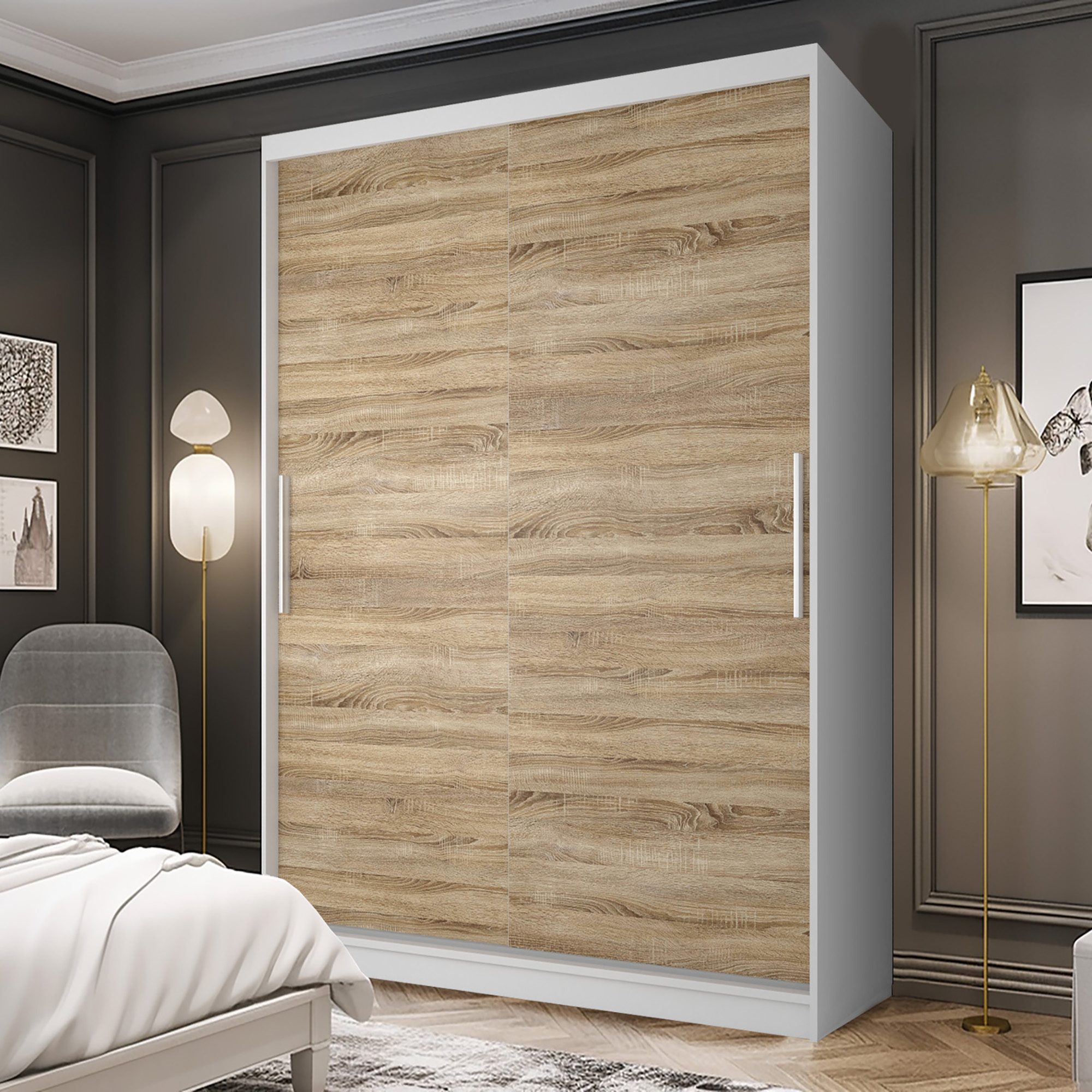 Imagine dormitor elegant cu detalii lemnoase