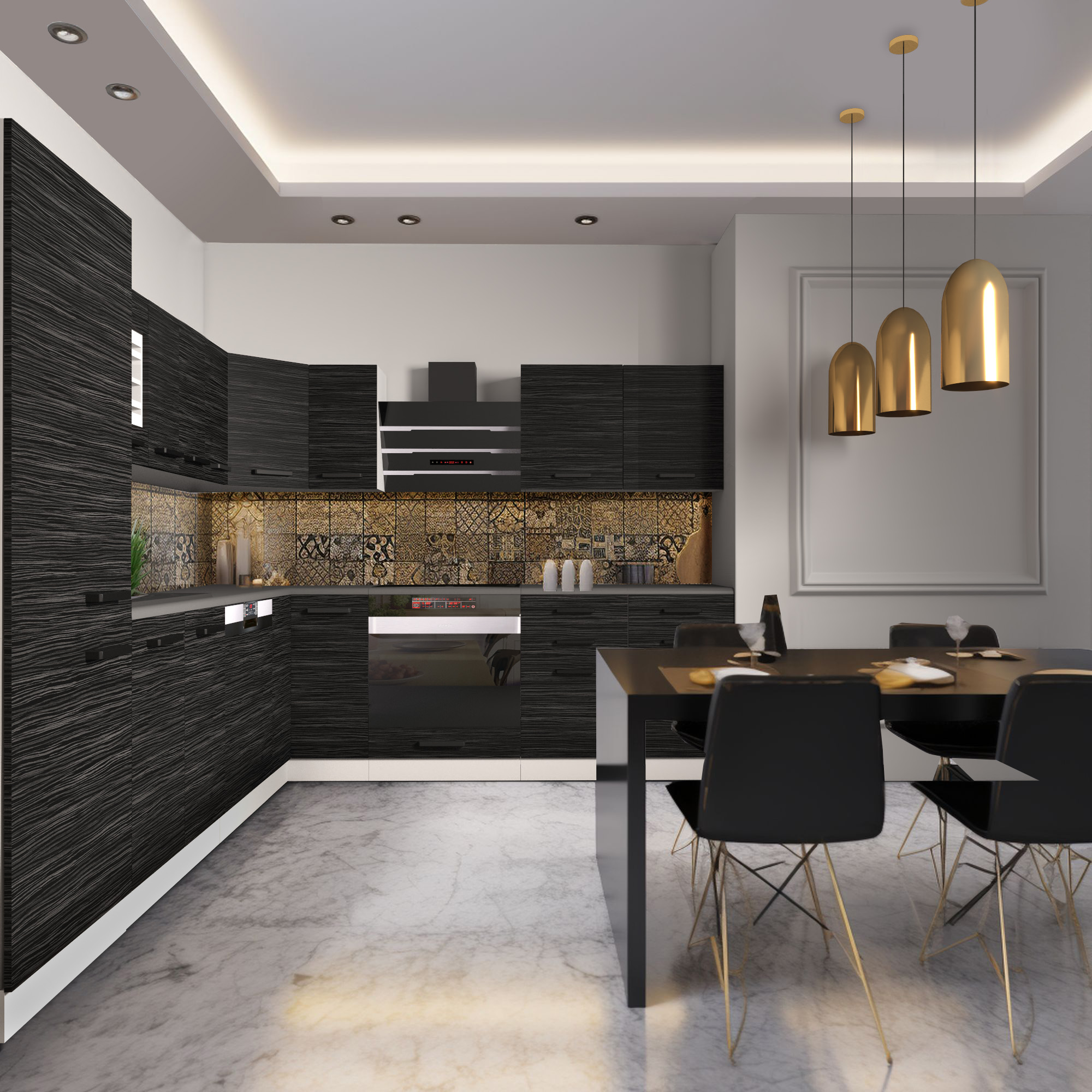Bucătărie modernă cu mobilier negru și accente aurii