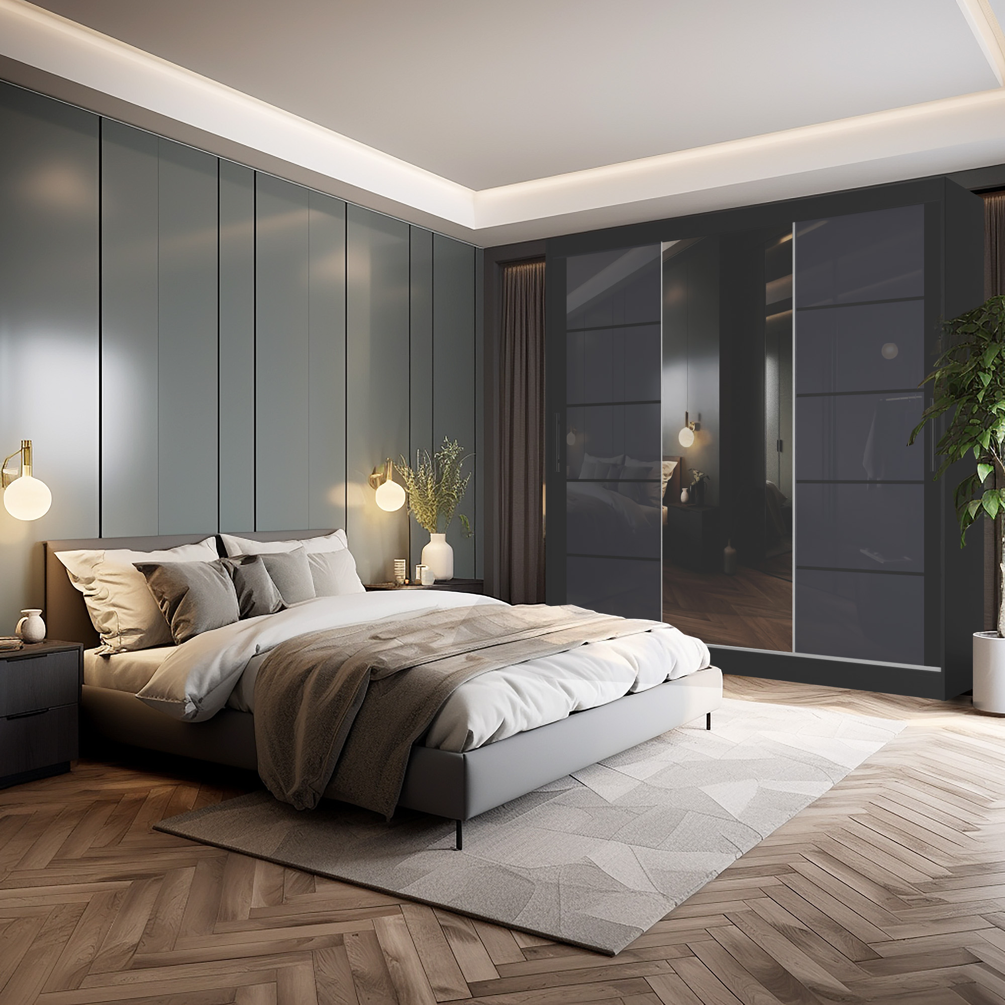 Pat confortabil cu mobilier elegant în dormitor
