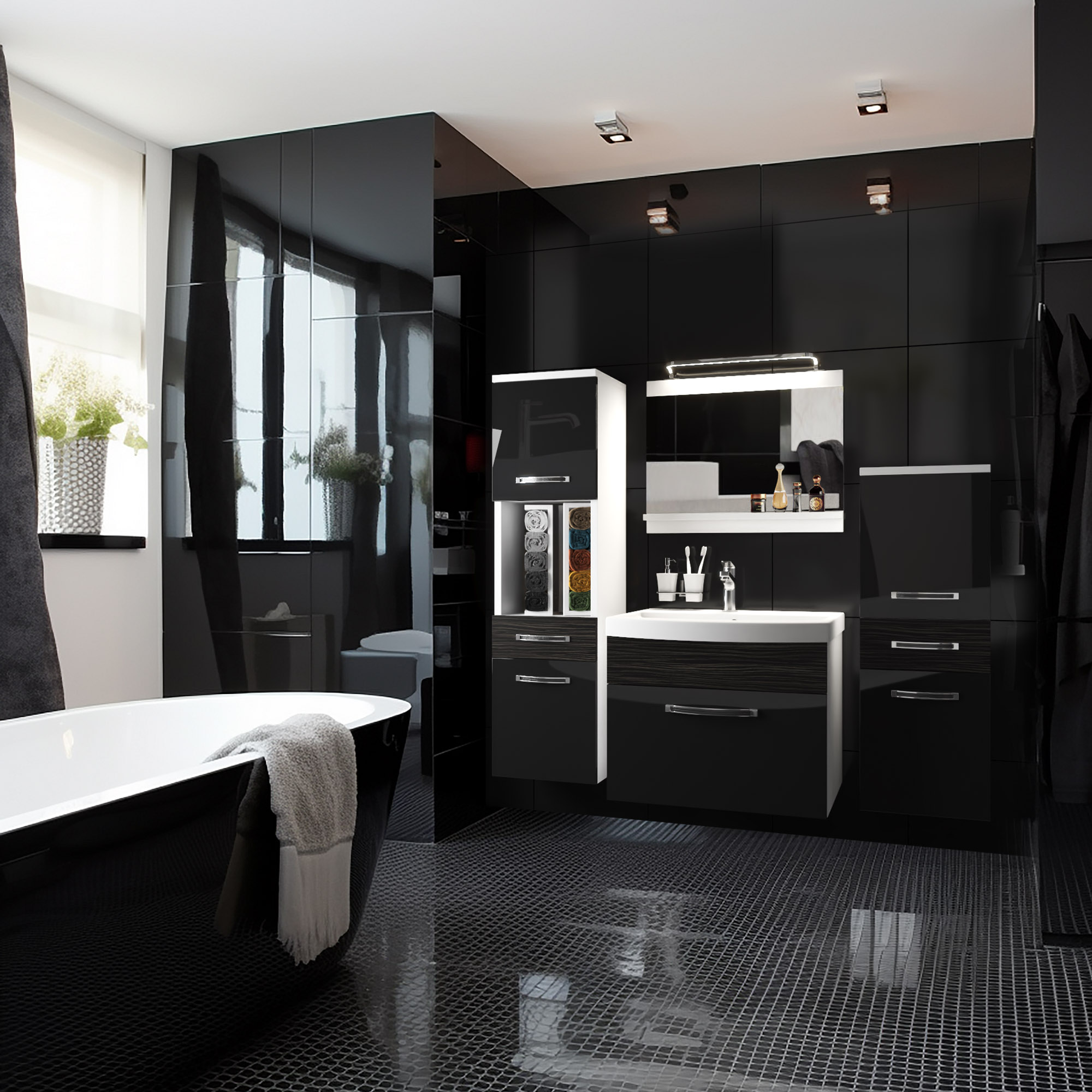 Baie modernă cu oglindă iluminată și design negru lucios