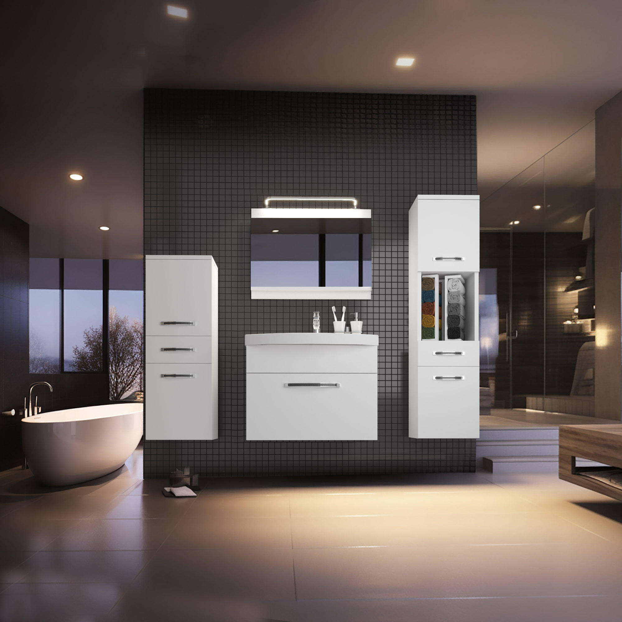 Visualizare baie modernă cu mobilier alb