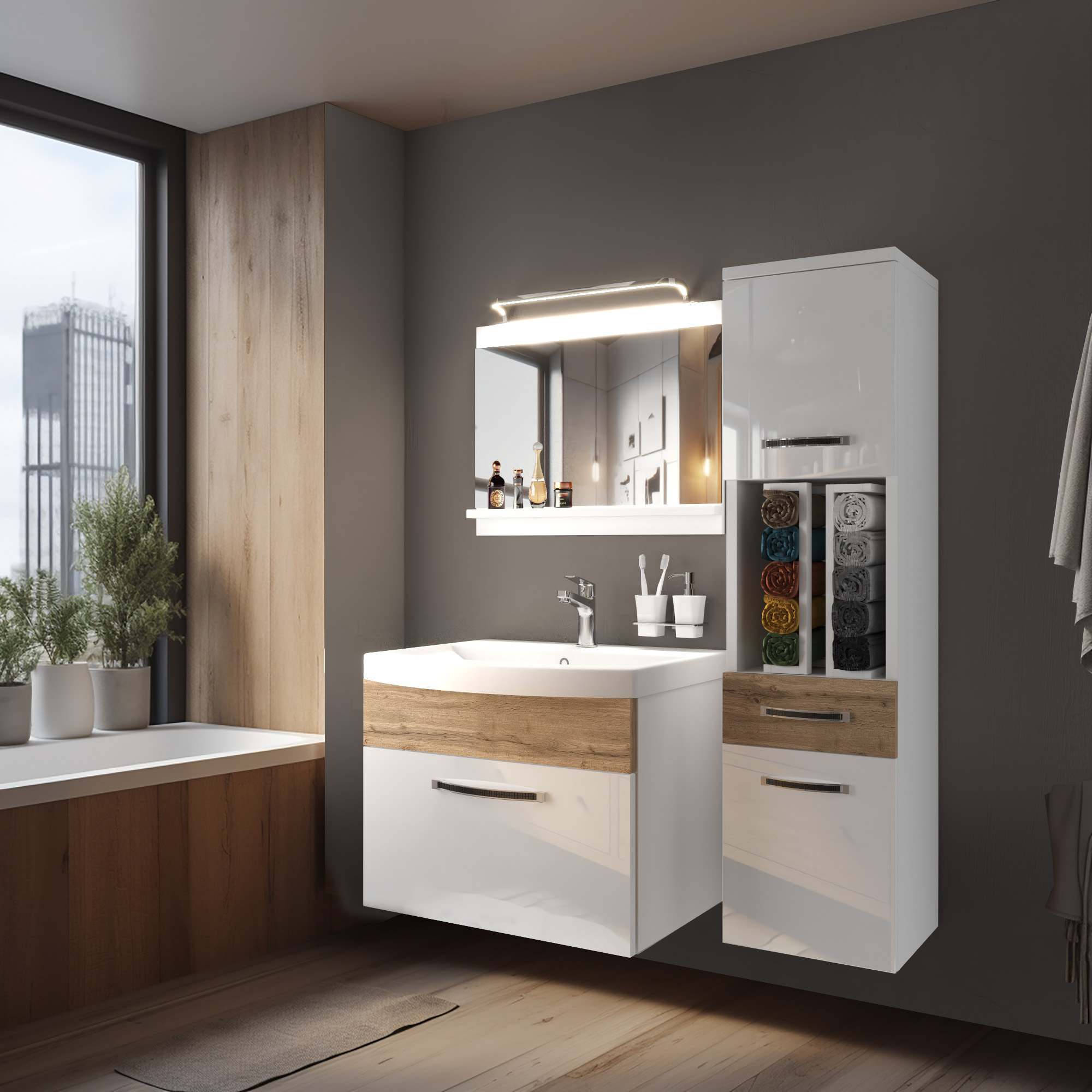 Baie modernă cu mobilier alb și detalii de lemn